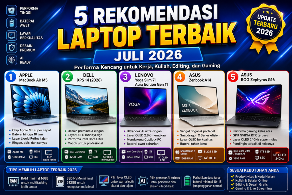 5 Rekomendasi Laptop Terbaik Juli 2026, Performa Kencang untuk Kerja, Kuliah, Editing, dan Gaming