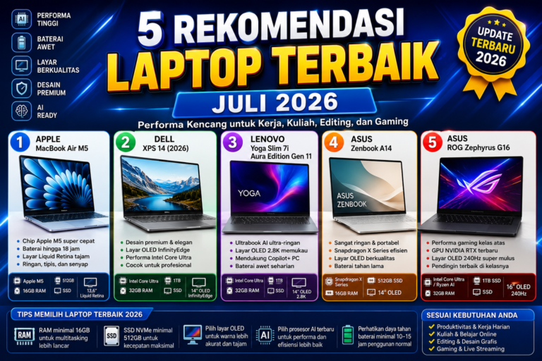 5 Rekomendasi Laptop Terbaik Juli 2026, Performa Kencang untuk Kerja, Kuliah, Editing, dan Gaming