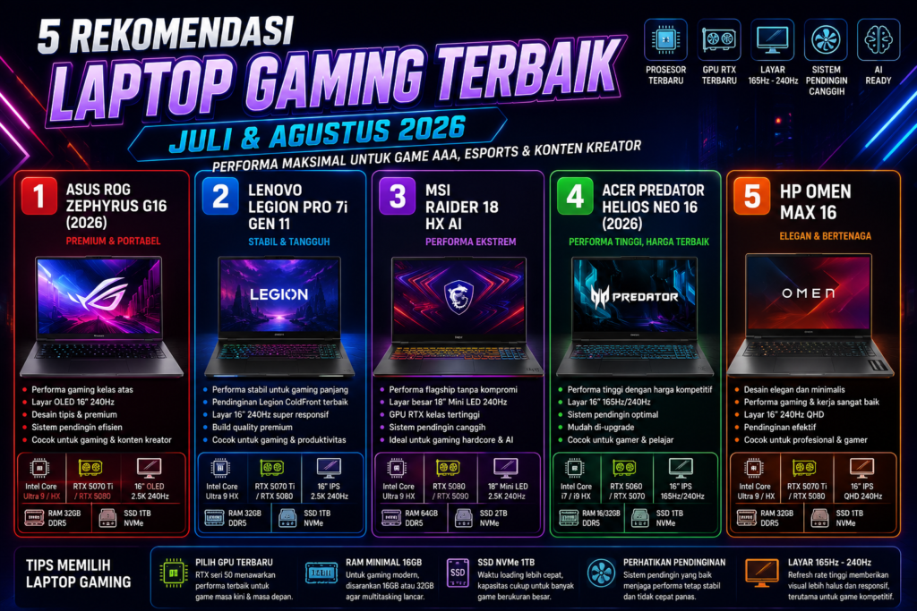 5 Rekomendasi Laptop Gaming Terbaik Juli dan Agustus 2026, Performa Kencang untuk Game AAA dan Esports