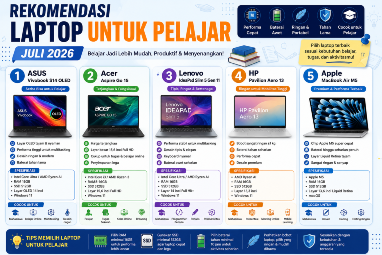 Rekomendasi Laptop untuk Pelajar Juli 2026: 5 Pilihan Terbaik untuk Belajar, Tugas, dan Produktivitas