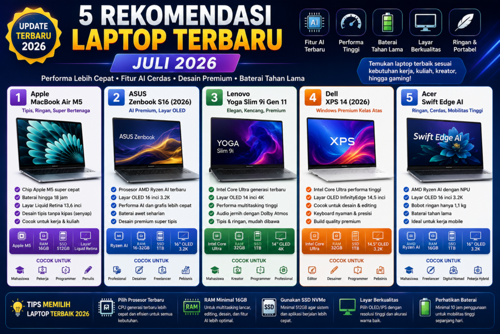 Rekomendasi Laptop Terbaru Juli 2026: 5 Pilihan Terbaik untuk Kerja, Kuliah, Kreator, dan Gaming
