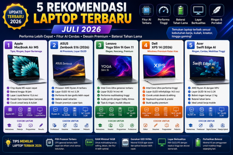 Rekomendasi Laptop Terbaru Juli 2026: 5 Pilihan Terbaik untuk Kerja, Kuliah, Kreator, dan Gaming