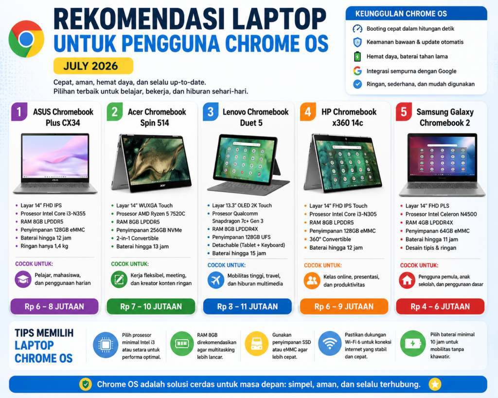 Rekomendasi Laptop untuk Pengguna Chrome OS Juli 2026
