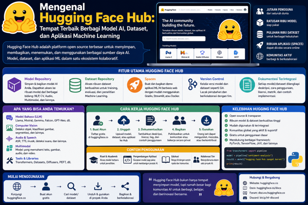 # Mengenal Hugging Face Hub: Tempat Terbaik Berbagi Model AI, Dataset, dan Aplikasi Machine Learning ## Apa Itu Hugging Face Hub? Di era perkembangan **Artificial Intelligence (AI)** yang semakin pesat, kebutuhan akan platform untuk berbagi model, dataset, dan aplikasi AI terus meningkat. Salah satu platform yang menjadi pilihan utama bagi komunitas AI global adalah **Hugging Face Hub**. Platform ini memungkinkan developer, data scientist, peneliti, hingga perusahaan teknologi untuk menyimpan, membagikan, dan menggunakan berbagai model AI secara mudah. Hugging Face Hub sering disebut sebagai "GitHub untuk AI" karena memiliki konsep kolaborasi yang serupa. Pengguna dapat mengunggah model, melakukan pembaruan, berbagi dataset, hingga bekerja sama dalam mengembangkan proyek Machine Learning secara terbuka maupun privat. Dalam artikel ini, Anda akan mengenal lebih dalam mengenai Hugging Face Hub, fitur-fiturnya, cara kerja, manfaat, serta alasan mengapa platform ini menjadi salah satu pusat ekosistem AI terbesar di dunia. ## Sejarah Singkat Hugging Face Hub Hugging Face didirikan pada tahun 2016 oleh Clément Delangue, Julien Chaumond, dan Thomas Wolf. Awalnya, perusahaan ini mengembangkan chatbot berbasis AI. Seiring berkembangnya teknologi, Hugging Face beralih fokus menjadi penyedia ekosistem open source untuk Machine Learning. Peluncuran Hugging Face Hub menjadi salah satu tonggak penting karena memberikan ruang bagi komunitas untuk berbagi model AI, dataset, dan aplikasi. Kini, platform tersebut digunakan oleh jutaan pengguna dari berbagai negara dan menjadi tempat kolaborasi bagi akademisi, startup, hingga perusahaan teknologi besar. ## Mengapa Hugging Face Hub Sangat Populer? Popularitas Hugging Face Hub tidak lepas dari berbagai kemudahan yang ditawarkannya. Platform ini menyediakan akses ke jutaan sumber daya AI yang dapat dimanfaatkan tanpa harus membangun semuanya dari awal. Beberapa alasan mengapa Hugging Face Hub banyak digunakan antara lain: * Menyediakan ribuan model AI siap pakai. * Mendukung kolaborasi secara open source. * Memiliki dokumentasi yang lengkap. * Mudah diintegrasikan dengan framework populer. * Menawarkan repositori dataset berkualitas. * Memungkinkan pembuatan demo aplikasi AI secara cepat. Dengan keunggulan tersebut, Hugging Face Hub menjadi salah satu platform paling penting dalam ekosistem pengembangan AI modern. ## Fitur Utama Hugging Face Hub ### 1. Repository Model AI Fitur utama Hugging Face Hub adalah penyimpanan model AI. Pengguna dapat: * Mengunggah model sendiri. * Mengunduh model dari komunitas. * Membagikan hasil penelitian. * Mengelola versi model. * Memberikan dokumentasi penggunaan. Model yang tersedia mencakup berbagai bidang seperti NLP, computer vision, audio, hingga model multimodal. ### 2. Dataset Repository Selain model, Hugging Face Hub juga menyediakan ribuan dataset yang dapat digunakan untuk melatih maupun mengevaluasi model Machine Learning. Kategori dataset yang tersedia antara lain: * Analisis sentimen. * Klasifikasi teks. * Terjemahan bahasa. * Ringkasan dokumen. * Pengenalan gambar. * Audio dan suara. * Data multimodal. Ketersediaan dataset ini membantu mempercepat proses pengembangan aplikasi AI. ### 3. Spaces **Spaces** merupakan fitur yang memungkinkan pengguna membuat dan membagikan demo aplikasi AI berbasis web. Spaces mendukung berbagai framework populer seperti: * Gradio. * Streamlit. * Docker. Dengan fitur ini, developer dapat memperlihatkan hasil proyek AI kepada pengguna lain tanpa perlu membangun infrastruktur web yang rumit. ### 4. Version Control Hugging Face Hub menyediakan sistem version control sehingga setiap perubahan pada model maupun dataset dapat dilacak. Hal ini memudahkan kolaborasi tim dan menjaga konsistensi proyek. ### 5. Dokumentasi Terintegrasi Setiap model dapat dilengkapi dengan: * Deskripsi. * Cara penggunaan. * Informasi lisensi. * Contoh implementasi. * Detail pelatihan model. Dokumentasi yang baik membantu pengguna memahami cara memanfaatkan model secara optimal. ## Cara Kerja Hugging Face Hub Secara umum, Hugging Face Hub bekerja melalui beberapa tahapan berikut: 1. Pengguna membuat akun. 2. Mengunggah model atau dataset ke repositori. 3. Menambahkan dokumentasi dan informasi lisensi. 4. Membagikan repositori kepada komunitas. 5. Pengguna lain dapat mengunduh, menggunakan, atau memberikan kontribusi sesuai izin yang tersedia. Proses ini menciptakan ekosistem kolaboratif yang mendorong inovasi dalam pengembangan AI. ## Manfaat Hugging Face Hub bagi Developer ### Mempercepat Pengembangan Developer tidak perlu membangun model dari awal karena dapat memanfaatkan model yang telah tersedia. ### Kolaborasi Lebih Mudah Tim dapat bekerja bersama dalam satu repositori untuk mengembangkan model maupun dataset. ### Akses ke Teknologi Terbaru Banyak organisasi dan peneliti membagikan model terbaru melalui Hugging Face Hub sehingga pengguna dapat mencoba inovasi AI dengan cepat. ### Mendukung Pembelajaran Mahasiswa dan pemula dapat mempelajari implementasi AI dari ribuan contoh model yang tersedia. ### Integrasi dengan Berbagai Framework Hugging Face Hub mendukung integrasi dengan framework populer seperti PyTorch, TensorFlow, dan JAX sehingga memudahkan proses pengembangan. ## Siapa yang Cocok Menggunakan Hugging Face Hub? Platform ini cocok digunakan oleh berbagai kalangan, di antaranya: * Machine Learning Engineer. * Data Scientist. * Software Developer. * Peneliti AI. * Mahasiswa. * Dosen. * Startup teknologi. * Perusahaan yang mengembangkan solusi AI. Baik untuk kebutuhan pembelajaran maupun pengembangan produk komersial, Hugging Face Hub menawarkan berbagai alat yang relevan. ## Contoh Penggunaan Hugging Face Hub Hugging Face Hub dapat dimanfaatkan dalam berbagai proyek, seperti: * Chatbot layanan pelanggan. * Analisis sentimen media sosial. * Sistem rekomendasi berbasis teks. * Ringkasan otomatis dokumen. * Penerjemahan bahasa. * Pengenalan gambar. * Analisis suara. * Aplikasi AI generatif. Keberadaan model dan dataset siap pakai membuat proses pengembangan menjadi lebih cepat dan efisien. ## Keunggulan Hugging Face Hub Beberapa keunggulan utama Hugging Face Hub meliputi: * Ekosistem open source yang aktif. * Ribuan model AI berkualitas. * Dataset yang beragam. * Kolaborasi yang mudah. * Version control. * Dokumentasi lengkap. * Integrasi dengan berbagai framework. * Dukungan komunitas global. Kombinasi faktor tersebut menjadikan Hugging Face Hub sebagai salah satu platform AI terbaik saat ini. ## Tantangan Menggunakan Hugging Face Hub Meskipun menawarkan banyak manfaat, pengguna tetap perlu memperhatikan beberapa hal. * Tidak semua model memiliki kualitas yang sama sehingga perlu dilakukan evaluasi sebelum digunakan. * Model berukuran besar dapat memerlukan perangkat keras yang memadai. * Pengguna harus memahami lisensi masing-masing model dan dataset sebelum menggunakannya dalam proyek. Dengan memilih model secara cermat dan memahami dokumentasinya, tantangan tersebut dapat dikelola dengan baik. ## Masa Depan Hugging Face Hub Seiring meningkatnya penggunaan AI generatif dan Large Language Models (LLM), peran Hugging Face Hub diperkirakan akan semakin penting. Semakin banyak organisasi yang membagikan model terbaru melalui platform ini, sehingga ekosistem AI menjadi lebih terbuka dan kolaboratif. Selain itu, dukungan terhadap model multimodal, aplikasi berbasis web melalui Spaces, serta integrasi dengan berbagai layanan cloud menjadikan Hugging Face Hub sebagai fondasi penting bagi pengembangan AI di masa depan. ## Kesimpulan **Hugging Face Hub** merupakan platform yang memungkinkan pengguna menyimpan, membagikan, dan mengelola **model AI**, **dataset**, serta **aplikasi Machine Learning** dalam satu ekosistem yang terintegrasi. Dengan fitur seperti repository model, dataset repository, Spaces, version control, dan dokumentasi yang lengkap, platform ini mempermudah kolaborasi sekaligus mempercepat pengembangan solusi AI. Baik Anda seorang pemula yang ingin belajar, peneliti yang ingin berbagi hasil riset, maupun developer yang membangun produk berbasis AI, Hugging Face Hub menyediakan sumber daya dan komunitas yang dapat mendukung setiap tahap pengembangan. Tidak mengherankan jika platform ini kini menjadi salah satu pusat inovasi AI terbesar dan paling berpengaruh di dunia.