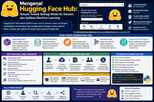# Mengenal Hugging Face Hub: Tempat Terbaik Berbagi Model AI, Dataset, dan Aplikasi Machine Learning ## Apa Itu Hugging Face Hub? Di era perkembangan **Artificial Intelligence (AI)** yang semakin pesat, kebutuhan akan platform untuk berbagi model, dataset, dan aplikasi AI terus meningkat. Salah satu platform yang menjadi pilihan utama bagi komunitas AI global adalah **Hugging Face Hub**. Platform ini memungkinkan developer, data scientist, peneliti, hingga perusahaan teknologi untuk menyimpan, membagikan, dan menggunakan berbagai model AI secara mudah. Hugging Face Hub sering disebut sebagai "GitHub untuk AI" karena memiliki konsep kolaborasi yang serupa. Pengguna dapat mengunggah model, melakukan pembaruan, berbagi dataset, hingga bekerja sama dalam mengembangkan proyek Machine Learning secara terbuka maupun privat. Dalam artikel ini, Anda akan mengenal lebih dalam mengenai Hugging Face Hub, fitur-fiturnya, cara kerja, manfaat, serta alasan mengapa platform ini menjadi salah satu pusat ekosistem AI terbesar di dunia. ## Sejarah Singkat Hugging Face Hub Hugging Face didirikan pada tahun 2016 oleh Clément Delangue, Julien Chaumond, dan Thomas Wolf. Awalnya, perusahaan ini mengembangkan chatbot berbasis AI. Seiring berkembangnya teknologi, Hugging Face beralih fokus menjadi penyedia ekosistem open source untuk Machine Learning. Peluncuran Hugging Face Hub menjadi salah satu tonggak penting karena memberikan ruang bagi komunitas untuk berbagi model AI, dataset, dan aplikasi. Kini, platform tersebut digunakan oleh jutaan pengguna dari berbagai negara dan menjadi tempat kolaborasi bagi akademisi, startup, hingga perusahaan teknologi besar. ## Mengapa Hugging Face Hub Sangat Populer? Popularitas Hugging Face Hub tidak lepas dari berbagai kemudahan yang ditawarkannya. Platform ini menyediakan akses ke jutaan sumber daya AI yang dapat dimanfaatkan tanpa harus membangun semuanya dari awal. Beberapa alasan mengapa Hugging Face Hub banyak digunakan antara lain: * Menyediakan ribuan model AI siap pakai. * Mendukung kolaborasi secara open source. * Memiliki dokumentasi yang lengkap. * Mudah diintegrasikan dengan framework populer. * Menawarkan repositori dataset berkualitas. * Memungkinkan pembuatan demo aplikasi AI secara cepat. Dengan keunggulan tersebut, Hugging Face Hub menjadi salah satu platform paling penting dalam ekosistem pengembangan AI modern. ## Fitur Utama Hugging Face Hub ### 1. Repository Model AI Fitur utama Hugging Face Hub adalah penyimpanan model AI. Pengguna dapat: * Mengunggah model sendiri. * Mengunduh model dari komunitas. * Membagikan hasil penelitian. * Mengelola versi model. * Memberikan dokumentasi penggunaan. Model yang tersedia mencakup berbagai bidang seperti NLP, computer vision, audio, hingga model multimodal. ### 2. Dataset Repository Selain model, Hugging Face Hub juga menyediakan ribuan dataset yang dapat digunakan untuk melatih maupun mengevaluasi model Machine Learning. Kategori dataset yang tersedia antara lain: * Analisis sentimen. * Klasifikasi teks. * Terjemahan bahasa. * Ringkasan dokumen. * Pengenalan gambar. * Audio dan suara. * Data multimodal. Ketersediaan dataset ini membantu mempercepat proses pengembangan aplikasi AI. ### 3. Spaces **Spaces** merupakan fitur yang memungkinkan pengguna membuat dan membagikan demo aplikasi AI berbasis web. Spaces mendukung berbagai framework populer seperti: * Gradio. * Streamlit. * Docker. Dengan fitur ini, developer dapat memperlihatkan hasil proyek AI kepada pengguna lain tanpa perlu membangun infrastruktur web yang rumit. ### 4. Version Control Hugging Face Hub menyediakan sistem version control sehingga setiap perubahan pada model maupun dataset dapat dilacak. Hal ini memudahkan kolaborasi tim dan menjaga konsistensi proyek. ### 5. Dokumentasi Terintegrasi Setiap model dapat dilengkapi dengan: * Deskripsi. * Cara penggunaan. * Informasi lisensi. * Contoh implementasi. * Detail pelatihan model. Dokumentasi yang baik membantu pengguna memahami cara memanfaatkan model secara optimal. ## Cara Kerja Hugging Face Hub Secara umum, Hugging Face Hub bekerja melalui beberapa tahapan berikut: 1. Pengguna membuat akun. 2. Mengunggah model atau dataset ke repositori. 3. Menambahkan dokumentasi dan informasi lisensi. 4. Membagikan repositori kepada komunitas. 5. Pengguna lain dapat mengunduh, menggunakan, atau memberikan kontribusi sesuai izin yang tersedia. Proses ini menciptakan ekosistem kolaboratif yang mendorong inovasi dalam pengembangan AI. ## Manfaat Hugging Face Hub bagi Developer ### Mempercepat Pengembangan Developer tidak perlu membangun model dari awal karena dapat memanfaatkan model yang telah tersedia. ### Kolaborasi Lebih Mudah Tim dapat bekerja bersama dalam satu repositori untuk mengembangkan model maupun dataset. ### Akses ke Teknologi Terbaru Banyak organisasi dan peneliti membagikan model terbaru melalui Hugging Face Hub sehingga pengguna dapat mencoba inovasi AI dengan cepat. ### Mendukung Pembelajaran Mahasiswa dan pemula dapat mempelajari implementasi AI dari ribuan contoh model yang tersedia. ### Integrasi dengan Berbagai Framework Hugging Face Hub mendukung integrasi dengan framework populer seperti PyTorch, TensorFlow, dan JAX sehingga memudahkan proses pengembangan. ## Siapa yang Cocok Menggunakan Hugging Face Hub? Platform ini cocok digunakan oleh berbagai kalangan, di antaranya: * Machine Learning Engineer. * Data Scientist. * Software Developer. * Peneliti AI. * Mahasiswa. * Dosen. * Startup teknologi. * Perusahaan yang mengembangkan solusi AI. Baik untuk kebutuhan pembelajaran maupun pengembangan produk komersial, Hugging Face Hub menawarkan berbagai alat yang relevan. ## Contoh Penggunaan Hugging Face Hub Hugging Face Hub dapat dimanfaatkan dalam berbagai proyek, seperti: * Chatbot layanan pelanggan. * Analisis sentimen media sosial. * Sistem rekomendasi berbasis teks. * Ringkasan otomatis dokumen. * Penerjemahan bahasa. * Pengenalan gambar. * Analisis suara. * Aplikasi AI generatif. Keberadaan model dan dataset siap pakai membuat proses pengembangan menjadi lebih cepat dan efisien. ## Keunggulan Hugging Face Hub Beberapa keunggulan utama Hugging Face Hub meliputi: * Ekosistem open source yang aktif. * Ribuan model AI berkualitas. * Dataset yang beragam. * Kolaborasi yang mudah. * Version control. * Dokumentasi lengkap. * Integrasi dengan berbagai framework. * Dukungan komunitas global. Kombinasi faktor tersebut menjadikan Hugging Face Hub sebagai salah satu platform AI terbaik saat ini. ## Tantangan Menggunakan Hugging Face Hub Meskipun menawarkan banyak manfaat, pengguna tetap perlu memperhatikan beberapa hal. * Tidak semua model memiliki kualitas yang sama sehingga perlu dilakukan evaluasi sebelum digunakan. * Model berukuran besar dapat memerlukan perangkat keras yang memadai. * Pengguna harus memahami lisensi masing-masing model dan dataset sebelum menggunakannya dalam proyek. Dengan memilih model secara cermat dan memahami dokumentasinya, tantangan tersebut dapat dikelola dengan baik. ## Masa Depan Hugging Face Hub Seiring meningkatnya penggunaan AI generatif dan Large Language Models (LLM), peran Hugging Face Hub diperkirakan akan semakin penting. Semakin banyak organisasi yang membagikan model terbaru melalui platform ini, sehingga ekosistem AI menjadi lebih terbuka dan kolaboratif. Selain itu, dukungan terhadap model multimodal, aplikasi berbasis web melalui Spaces, serta integrasi dengan berbagai layanan cloud menjadikan Hugging Face Hub sebagai fondasi penting bagi pengembangan AI di masa depan. ## Kesimpulan **Hugging Face Hub** merupakan platform yang memungkinkan pengguna menyimpan, membagikan, dan mengelola **model AI**, **dataset**, serta **aplikasi Machine Learning** dalam satu ekosistem yang terintegrasi. Dengan fitur seperti repository model, dataset repository, Spaces, version control, dan dokumentasi yang lengkap, platform ini mempermudah kolaborasi sekaligus mempercepat pengembangan solusi AI. Baik Anda seorang pemula yang ingin belajar, peneliti yang ingin berbagi hasil riset, maupun developer yang membangun produk berbasis AI, Hugging Face Hub menyediakan sumber daya dan komunitas yang dapat mendukung setiap tahap pengembangan. Tidak mengherankan jika platform ini kini menjadi salah satu pusat inovasi AI terbesar dan paling berpengaruh di dunia.