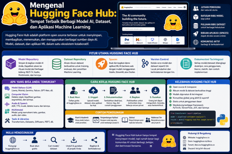 # Mengenal Hugging Face Hub: Tempat Terbaik Berbagi Model AI, Dataset, dan Aplikasi Machine Learning ## Apa Itu Hugging Face Hub? Di era perkembangan **Artificial Intelligence (AI)** yang semakin pesat, kebutuhan akan platform untuk berbagi model, dataset, dan aplikasi AI terus meningkat. Salah satu platform yang menjadi pilihan utama bagi komunitas AI global adalah **Hugging Face Hub**. Platform ini memungkinkan developer, data scientist, peneliti, hingga perusahaan teknologi untuk menyimpan, membagikan, dan menggunakan berbagai model AI secara mudah. Hugging Face Hub sering disebut sebagai "GitHub untuk AI" karena memiliki konsep kolaborasi yang serupa. Pengguna dapat mengunggah model, melakukan pembaruan, berbagi dataset, hingga bekerja sama dalam mengembangkan proyek Machine Learning secara terbuka maupun privat. Dalam artikel ini, Anda akan mengenal lebih dalam mengenai Hugging Face Hub, fitur-fiturnya, cara kerja, manfaat, serta alasan mengapa platform ini menjadi salah satu pusat ekosistem AI terbesar di dunia. ## Sejarah Singkat Hugging Face Hub Hugging Face didirikan pada tahun 2016 oleh Clément Delangue, Julien Chaumond, dan Thomas Wolf. Awalnya, perusahaan ini mengembangkan chatbot berbasis AI. Seiring berkembangnya teknologi, Hugging Face beralih fokus menjadi penyedia ekosistem open source untuk Machine Learning. Peluncuran Hugging Face Hub menjadi salah satu tonggak penting karena memberikan ruang bagi komunitas untuk berbagi model AI, dataset, dan aplikasi. Kini, platform tersebut digunakan oleh jutaan pengguna dari berbagai negara dan menjadi tempat kolaborasi bagi akademisi, startup, hingga perusahaan teknologi besar. ## Mengapa Hugging Face Hub Sangat Populer? Popularitas Hugging Face Hub tidak lepas dari berbagai kemudahan yang ditawarkannya. Platform ini menyediakan akses ke jutaan sumber daya AI yang dapat dimanfaatkan tanpa harus membangun semuanya dari awal. Beberapa alasan mengapa Hugging Face Hub banyak digunakan antara lain: * Menyediakan ribuan model AI siap pakai. * Mendukung kolaborasi secara open source. * Memiliki dokumentasi yang lengkap. * Mudah diintegrasikan dengan framework populer. * Menawarkan repositori dataset berkualitas. * Memungkinkan pembuatan demo aplikasi AI secara cepat. Dengan keunggulan tersebut, Hugging Face Hub menjadi salah satu platform paling penting dalam ekosistem pengembangan AI modern. ## Fitur Utama Hugging Face Hub ### 1. Repository Model AI Fitur utama Hugging Face Hub adalah penyimpanan model AI. Pengguna dapat: * Mengunggah model sendiri. * Mengunduh model dari komunitas. * Membagikan hasil penelitian. * Mengelola versi model. * Memberikan dokumentasi penggunaan. Model yang tersedia mencakup berbagai bidang seperti NLP, computer vision, audio, hingga model multimodal. ### 2. Dataset Repository Selain model, Hugging Face Hub juga menyediakan ribuan dataset yang dapat digunakan untuk melatih maupun mengevaluasi model Machine Learning. Kategori dataset yang tersedia antara lain: * Analisis sentimen. * Klasifikasi teks. * Terjemahan bahasa. * Ringkasan dokumen. * Pengenalan gambar. * Audio dan suara. * Data multimodal. Ketersediaan dataset ini membantu mempercepat proses pengembangan aplikasi AI. ### 3. Spaces **Spaces** merupakan fitur yang memungkinkan pengguna membuat dan membagikan demo aplikasi AI berbasis web. Spaces mendukung berbagai framework populer seperti: * Gradio. * Streamlit. * Docker. Dengan fitur ini, developer dapat memperlihatkan hasil proyek AI kepada pengguna lain tanpa perlu membangun infrastruktur web yang rumit. ### 4. Version Control Hugging Face Hub menyediakan sistem version control sehingga setiap perubahan pada model maupun dataset dapat dilacak. Hal ini memudahkan kolaborasi tim dan menjaga konsistensi proyek. ### 5. Dokumentasi Terintegrasi Setiap model dapat dilengkapi dengan: * Deskripsi. * Cara penggunaan. * Informasi lisensi. * Contoh implementasi. * Detail pelatihan model. Dokumentasi yang baik membantu pengguna memahami cara memanfaatkan model secara optimal. ## Cara Kerja Hugging Face Hub Secara umum, Hugging Face Hub bekerja melalui beberapa tahapan berikut: 1. Pengguna membuat akun. 2. Mengunggah model atau dataset ke repositori. 3. Menambahkan dokumentasi dan informasi lisensi. 4. Membagikan repositori kepada komunitas. 5. Pengguna lain dapat mengunduh, menggunakan, atau memberikan kontribusi sesuai izin yang tersedia. Proses ini menciptakan ekosistem kolaboratif yang mendorong inovasi dalam pengembangan AI. ## Manfaat Hugging Face Hub bagi Developer ### Mempercepat Pengembangan Developer tidak perlu membangun model dari awal karena dapat memanfaatkan model yang telah tersedia. ### Kolaborasi Lebih Mudah Tim dapat bekerja bersama dalam satu repositori untuk mengembangkan model maupun dataset. ### Akses ke Teknologi Terbaru Banyak organisasi dan peneliti membagikan model terbaru melalui Hugging Face Hub sehingga pengguna dapat mencoba inovasi AI dengan cepat. ### Mendukung Pembelajaran Mahasiswa dan pemula dapat mempelajari implementasi AI dari ribuan contoh model yang tersedia. ### Integrasi dengan Berbagai Framework Hugging Face Hub mendukung integrasi dengan framework populer seperti PyTorch, TensorFlow, dan JAX sehingga memudahkan proses pengembangan. ## Siapa yang Cocok Menggunakan Hugging Face Hub? Platform ini cocok digunakan oleh berbagai kalangan, di antaranya: * Machine Learning Engineer. * Data Scientist. * Software Developer. * Peneliti AI. * Mahasiswa. * Dosen. * Startup teknologi. * Perusahaan yang mengembangkan solusi AI. Baik untuk kebutuhan pembelajaran maupun pengembangan produk komersial, Hugging Face Hub menawarkan berbagai alat yang relevan. ## Contoh Penggunaan Hugging Face Hub Hugging Face Hub dapat dimanfaatkan dalam berbagai proyek, seperti: * Chatbot layanan pelanggan. * Analisis sentimen media sosial. * Sistem rekomendasi berbasis teks. * Ringkasan otomatis dokumen. * Penerjemahan bahasa. * Pengenalan gambar. * Analisis suara. * Aplikasi AI generatif. Keberadaan model dan dataset siap pakai membuat proses pengembangan menjadi lebih cepat dan efisien. ## Keunggulan Hugging Face Hub Beberapa keunggulan utama Hugging Face Hub meliputi: * Ekosistem open source yang aktif. * Ribuan model AI berkualitas. * Dataset yang beragam. * Kolaborasi yang mudah. * Version control. * Dokumentasi lengkap. * Integrasi dengan berbagai framework. * Dukungan komunitas global. Kombinasi faktor tersebut menjadikan Hugging Face Hub sebagai salah satu platform AI terbaik saat ini. ## Tantangan Menggunakan Hugging Face Hub Meskipun menawarkan banyak manfaat, pengguna tetap perlu memperhatikan beberapa hal. * Tidak semua model memiliki kualitas yang sama sehingga perlu dilakukan evaluasi sebelum digunakan. * Model berukuran besar dapat memerlukan perangkat keras yang memadai. * Pengguna harus memahami lisensi masing-masing model dan dataset sebelum menggunakannya dalam proyek. Dengan memilih model secara cermat dan memahami dokumentasinya, tantangan tersebut dapat dikelola dengan baik. ## Masa Depan Hugging Face Hub Seiring meningkatnya penggunaan AI generatif dan Large Language Models (LLM), peran Hugging Face Hub diperkirakan akan semakin penting. Semakin banyak organisasi yang membagikan model terbaru melalui platform ini, sehingga ekosistem AI menjadi lebih terbuka dan kolaboratif. Selain itu, dukungan terhadap model multimodal, aplikasi berbasis web melalui Spaces, serta integrasi dengan berbagai layanan cloud menjadikan Hugging Face Hub sebagai fondasi penting bagi pengembangan AI di masa depan. ## Kesimpulan **Hugging Face Hub** merupakan platform yang memungkinkan pengguna menyimpan, membagikan, dan mengelola **model AI**, **dataset**, serta **aplikasi Machine Learning** dalam satu ekosistem yang terintegrasi. Dengan fitur seperti repository model, dataset repository, Spaces, version control, dan dokumentasi yang lengkap, platform ini mempermudah kolaborasi sekaligus mempercepat pengembangan solusi AI. Baik Anda seorang pemula yang ingin belajar, peneliti yang ingin berbagi hasil riset, maupun developer yang membangun produk berbasis AI, Hugging Face Hub menyediakan sumber daya dan komunitas yang dapat mendukung setiap tahap pengembangan. Tidak mengherankan jika platform ini kini menjadi salah satu pusat inovasi AI terbesar dan paling berpengaruh di dunia.