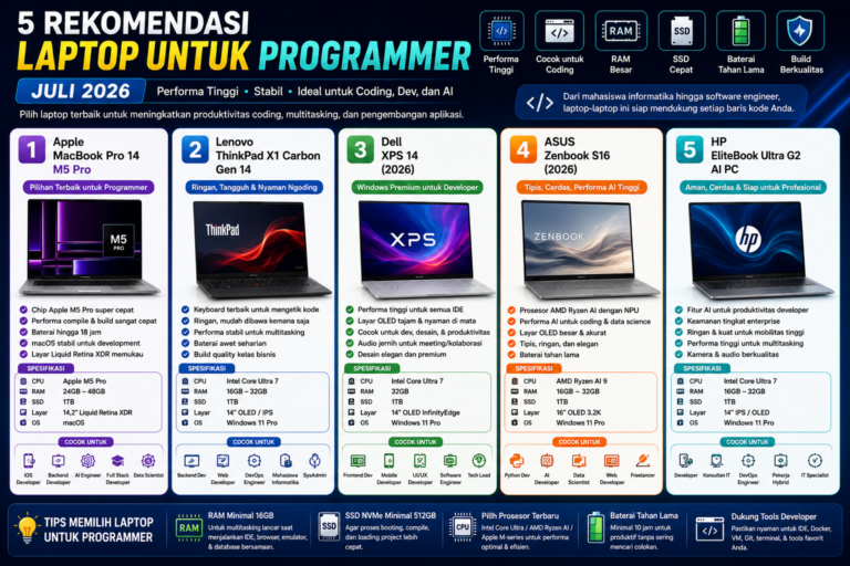 Rekomendasi Laptop untuk Programmer Juli 2026: 5 Pilihan Terbaik untuk Coding, AI, dan Pengembangan Software