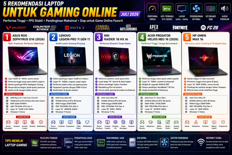 Rekomendasi Laptop untuk Gaming Online Juli 2026: 5 Laptop Gaming Terbaik dengan FPS Stabil