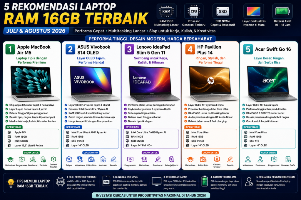 5 Rekomendasi Laptop dengan RAM 16GB Terbaik Juli dan Agustus 2026, Performa Cepat untuk Kerja, Kuliah, dan Kreativitas