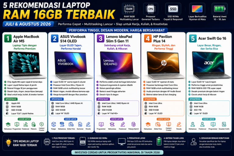 5 Rekomendasi Laptop dengan RAM 16GB Terbaik Juli dan Agustus 2026, Performa Cepat untuk Kerja, Kuliah, dan Kreativitas