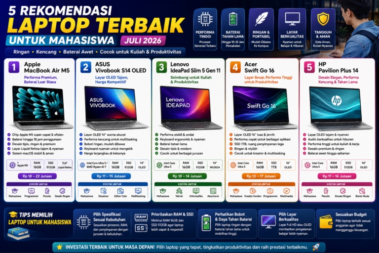 5 Rekomendasi Laptop Terbaik untuk Mahasiswa Juli 2026, Ringan, Kencang, dan Cocok untuk Kuliah