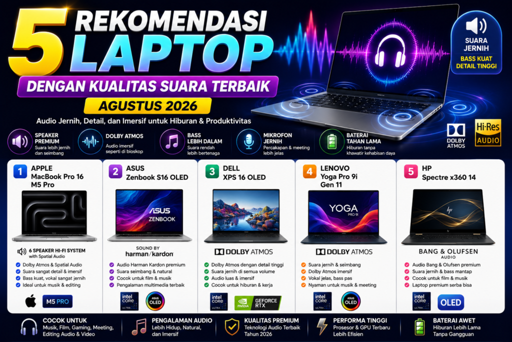 5 Rekomendasi Laptop dengan Kualitas Suara Terbaik Agustus 2026, Audio Jernih untuk Hiburan dan Produktivitas