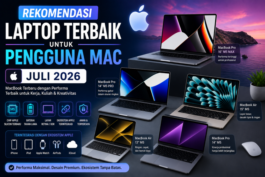 # Rekomendasi Laptop Terbaik untuk Pengguna Mac Juli 2026: 5 MacBook Paling Layak Dibeli Tahun Ini  Bagi pengguna yang mengutamakan performa, desain premium, dan ekosistem yang terintegrasi, **MacBook** masih menjadi pilihan utama di pasar laptop premium. Memasuki **Juli 2026**, Apple menghadirkan berbagai pilihan MacBook yang semakin bertenaga berkat chip Apple Silicon generasi terbaru, peningkatan kemampuan AI, layar berkualitas tinggi, serta daya tahan baterai yang mengesankan.  Baik Anda seorang mahasiswa, profesional, programmer, editor video, desainer grafis, maupun content creator, memilih MacBook yang sesuai dengan kebutuhan akan membantu meningkatkan produktivitas sehari-hari. Namun, dengan banyaknya pilihan yang tersedia, menentukan model terbaik bisa menjadi tantangan.  Artikel ini akan membahas **5 rekomendasi laptop terbaik untuk pengguna Mac Juli 2026** beserta kelebihan masing-masing agar Anda dapat memilih perangkat yang paling sesuai.  ---  # Mengapa Memilih MacBook?  MacBook memiliki sejumlah keunggulan yang membuatnya tetap menjadi salah satu laptop paling diminati di dunia.  ## 1. Performa Tinggi  Chip Apple Silicon menawarkan kombinasi CPU, GPU, dan Neural Engine yang mampu menjalankan berbagai aplikasi berat dengan lancar, mulai dari editing video hingga pengembangan aplikasi.  ## 2. Baterai Tahan Lama  MacBook dikenal memiliki efisiensi daya yang sangat baik. Dalam penggunaan normal, baterainya mampu bertahan hingga belasan jam sehingga cocok bagi pengguna yang sering bekerja di luar ruangan.  ## 3. Layar Berkualitas Tinggi  Layar Liquid Retina dan Liquid Retina XDR menghasilkan warna yang tajam, akurat, serta tingkat kecerahan tinggi. Hal ini sangat penting bagi editor foto maupun video.  ## 4. Terintegrasi dengan Ekosistem Apple  Pengguna iPhone, iPad, Apple Watch, dan AirPods akan merasakan kemudahan melalui fitur AirDrop, Handoff, Universal Clipboard, iCloud, hingga Continuity Camera.  ## 5. Nilai Jual Kembali Tinggi  Dibandingkan banyak laptop premium lainnya, MacBook cenderung memiliki nilai jual kembali yang tetap tinggi, sehingga menjadi investasi jangka panjang yang menarik.  ---  # 1. MacBook Pro 16 inci (M5 Max)  MacBook Pro 16 inci merupakan pilihan terbaik bagi pengguna profesional yang membutuhkan performa maksimal.  ### Spesifikasi Unggulan  * Chip Apple M5 Max * GPU berperforma tinggi * RAM hingga 64GB * SSD hingga 8TB * Layar Liquid Retina XDR 16,2 inci * Refresh rate ProMotion 120Hz * Speaker enam driver berkualitas studio  ### Kelebihan  * Sangat cepat untuk rendering video 4K dan 8K. * Mampu menangani proyek desain dan animasi kompleks. * Pendinginan optimal untuk pekerjaan berat. * Daya tahan baterai sangat baik. * Cocok untuk penggunaan profesional.  Laptop ini sangat direkomendasikan bagi editor video, animator, arsitek, developer, hingga kreator konten profesional.  ---  # 2. MacBook Pro 14 inci (M5 Pro)  Jika menginginkan performa tinggi dalam ukuran yang lebih ringkas, MacBook Pro 14 inci adalah pilihan yang sangat menarik.  ### Spesifikasi  * Apple M5 Pro * RAM hingga 48GB * SSD hingga 4TB * Liquid Retina XDR * Thunderbolt generasi terbaru * HDMI * SDXC Card Reader  ### Kelebihan  * Mudah dibawa bepergian. * Performa hampir setara versi 16 inci. * Layar tajam dan akurat. * Sangat nyaman untuk multitasking. * Mendukung berbagai aplikasi profesional.  Model ini cocok untuk editor foto, programmer, content creator, dan pekerja kreatif.  ---  # 3. MacBook Air 15 inci (M5)  MacBook Air 15 inci menawarkan kombinasi layar besar, bobot ringan, dan performa yang efisien.  ### Spesifikasi  * Apple M5 * RAM hingga 32GB * SSD hingga 2TB * Liquid Retina Display * Kamera 12MP Center Stage * Sistem audio enam speaker  ### Kelebihan  * Desain tipis dan elegan. * Layar luas untuk multitasking. * Tidak menggunakan kipas sehingga senyap. * Cocok untuk pekerjaan kantor maupun kuliah. * Baterai awet.  MacBook Air 15 inci menjadi pilihan ideal bagi pengguna yang menginginkan layar lebih besar tanpa harus membawa laptop yang berat.  ---  # 4. MacBook Air 13 inci (M5)  MacBook Air 13 inci tetap menjadi salah satu laptop Apple paling populer karena ringan dan praktis.  ### Spesifikasi  * Apple M5 * RAM hingga 24GB * SSD hingga 2TB * Liquid Retina 13,6 inci * Touch ID * MagSafe Charging  ### Kelebihan  * Sangat ringan. * Mudah dibawa ke mana saja. * Performa cepat untuk aktivitas harian. * Konsumsi daya sangat efisien. * Harga lebih terjangkau dibanding seri Pro.  Laptop ini cocok untuk mahasiswa, pelajar, penulis, guru, serta pekerja kantoran.  ---  # 5. MacBook Pro 14 inci (M5)  Bagi pengguna yang menginginkan laptop profesional dengan harga lebih kompetitif, MacBook Pro 14 inci versi standar menjadi pilihan yang tepat.  ### Spesifikasi  * Apple M5 * RAM hingga 32GB * SSD hingga 2TB * Liquid Retina XDR * ProMotion Display * Thunderbolt  ### Kelebihan  * Performa tinggi. * Layar premium. * Speaker berkualitas. * Build quality sangat baik. * Cocok untuk multitasking.  Laptop ini ideal bagi fotografer, editor video ringan, dan pengguna profesional yang membutuhkan performa lebih dibanding MacBook Air.  ---  # Tips Memilih MacBook Terbaik  Agar tidak salah memilih, perhatikan beberapa hal berikut.  ## Tentukan Kebutuhan  * Untuk browsing, mengetik, kuliah, dan pekerjaan ringan, MacBook Air sudah sangat memadai. * Untuk editing video, desain grafis, coding skala besar, atau animasi, MacBook Pro merupakan pilihan yang lebih tepat.  ## Pilih Kapasitas RAM  * 16GB cocok untuk penggunaan umum. * 24GB–32GB ideal untuk multitasking. * 48GB–64GB disarankan bagi profesional yang menjalankan aplikasi berat.  ## Kapasitas Penyimpanan  Jika sering menyimpan file video, foto RAW, atau proyek desain, pilih SSD minimal 1TB agar tidak cepat kehabisan ruang.  ## Pertimbangkan Ukuran Layar  * **13 inci**: paling ringan dan mudah dibawa. * **15 inci**: lebih nyaman untuk bekerja dengan banyak jendela aplikasi. * **16 inci**: pilihan terbaik bagi profesional yang membutuhkan ruang kerja luas.  ---  # Siapa yang Cocok Menggunakan MacBook?  MacBook cocok digunakan oleh berbagai kalangan, antara lain:  * Mahasiswa * Guru dan dosen * Programmer * Editor video * Fotografer * Desainer grafis * Content creator * Digital marketer * Pebisnis * Freelancer  Dengan performa yang konsisten dan sistem operasi macOS yang stabil, MacBook mampu memenuhi kebutuhan produktivitas maupun kreativitas.  ---  # Kelebihan macOS untuk Produktivitas  Sistem operasi macOS dirancang untuk memberikan pengalaman yang sederhana namun bertenaga. Antarmuka yang intuitif memudahkan pengguna baru beradaptasi, sementara pembaruan keamanan rutin membantu menjaga data tetap aman.  Selain itu, aplikasi bawaan seperti Safari, Pages, Keynote, Numbers, Notes, dan FaceTime telah dioptimalkan untuk bekerja secara efisien. Dukungan aplikasi profesional seperti Final Cut Pro, Logic Pro, Xcode, Adobe Creative Cloud, hingga Microsoft Office juga membuat MacBook menjadi perangkat andalan di berbagai bidang pekerjaan.  ---  # Kesimpulan  Pada Juli 2026, MacBook tetap menjadi salah satu laptop premium terbaik berkat kombinasi performa tinggi, efisiensi daya, kualitas layar, dan integrasi ekosistem Apple. **MacBook Pro 16 inci (M5 Max)** menjadi pilihan utama bagi profesional yang membutuhkan tenaga maksimal untuk editing video, desain 3D, dan pengembangan aplikasi. Sementara itu, **MacBook Pro 14 inci (M5 Pro)** menawarkan keseimbangan ideal antara performa dan portabilitas.  Bagi pengguna yang lebih mengutamakan mobilitas, **MacBook Air 15 inci (M5)** dan **MacBook Air 13 inci (M5)** memberikan pengalaman yang cepat, ringan, dan hemat daya untuk aktivitas sehari-hari. Sedangkan **MacBook Pro 14 inci (M5)** menjadi opsi menarik bagi pengguna yang menginginkan fitur profesional dengan harga yang lebih kompetitif.  Sebelum membeli, pastikan Anda menyesuaikan pilihan MacBook dengan kebutuhan pekerjaan, kapasitas RAM, penyimpanan SSD, serta ukuran layar. Dengan memilih model yang tepat, Anda akan mendapatkan laptop yang mampu mendukung produktivitas dan kreativitas secara optimal selama bertahun-tahun.