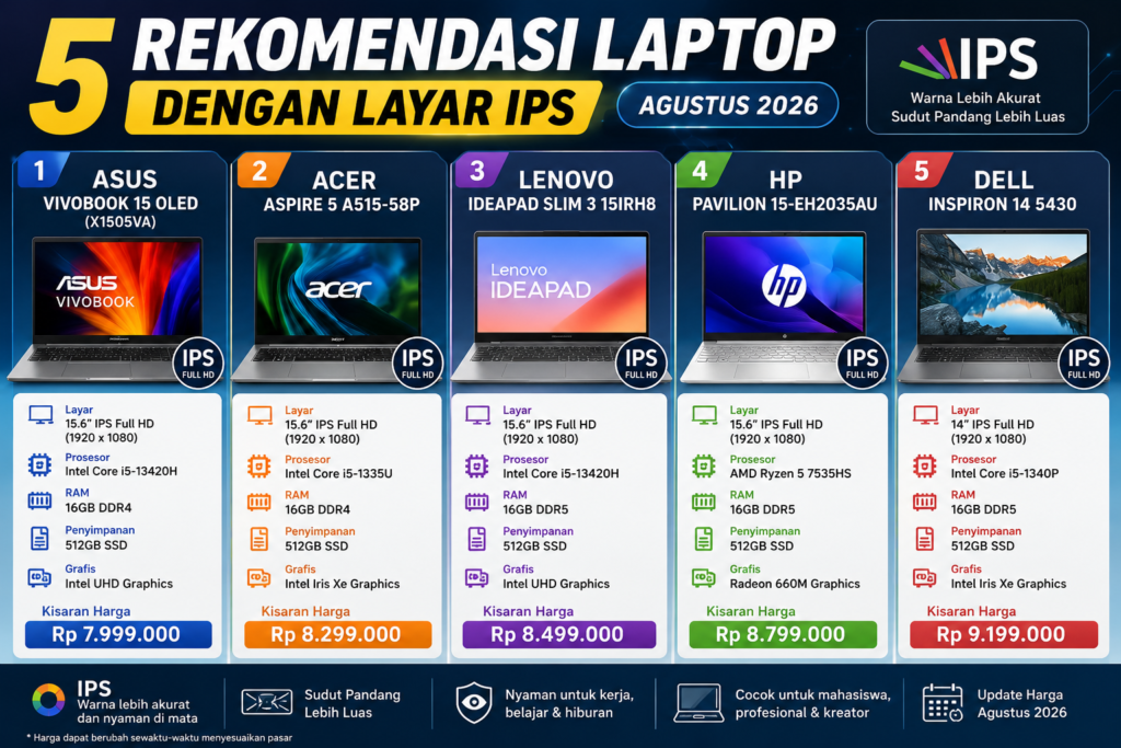 5 rekomendasi laptop dengan layar ips agustus 2026