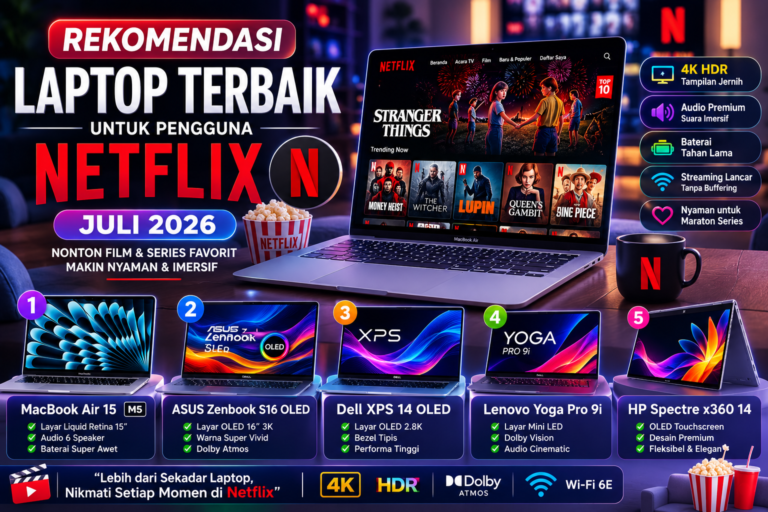 Sebelum membeli, pastikan Anda memilih laptop yang memiliki layar berkualitas tinggi, dukungan HDR, speaker premium, serta baterai yang tahan lama agar pengalaman menonton Netflix semakin nyaman dan memuaskan.Rekomendasi Laptop Terbaik untuk Pengguna Netflix Juli 2026: 7 Pilihan Laptop dengan Layar Terbaik untuk Streaming