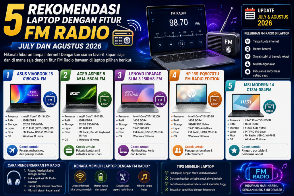 5 Rekomendasi Laptop dengan Fitur Radio FM Terbaik (Juli & Agustus 2026)Di tengah pesatnya perkembangan teknologi streaming musik dan audio digital berbasis internet, radio FM (Frequency Modulation) tetap memiliki tempat khusus bagi banyak orang. Radio FM menyajikan siaran berita lokal secara real-time, musik tanpa kuota internet, serta menjadi sarana komunikasi darurat yang andal ketika jaringan seluler atau Wi-Fi bermasalah.Bagi pengguna yang menginginkan perangkat kerja sekaligus hiburan serbaguna tanpa tergantung koneksi internet, memiliki laptop berfitur radio FM adalah nilai tambah yang besar. Memasuki periode Juli hingga Agustus 2026, pasar laptop menawarkan beberapa lini perangkat menarik yang mendukung penerimaan siaran radio FM—baik melalui modul hardware tuner internal terintegrasi maupun dukungan tuner eksternal terdedikasi.Berikut adalah panduan lengkap dan 5 rekomendasi laptop terbaik untuk menikmati siaran radio FM tanpa hambatan di pertengahan tahun 2026.Mengapa Fitur Radio FM di Laptop Tetap Relevan di Tahun 2026?Meskipun layanan streaming audio saat ini sangat populer, fitur radio analog/FM pada laptop tetap menawarkan beberapa keunggulan utama:Hemat Kuota Data & Bebas Internet: Anda dapat mendengarkan musik, acara bincang-bincang, atau siaran olahraga secara gratis tanpa memotong paket data internet atau bergantung pada Wi-Fi.Akses Informasi Darurat: Saat terjadi pemadaman listrik atau gangguan jaringan seluler, siaran radio FM merupakan saluran komunikasi utama untuk memperoleh pembaruan informasi dari pemerintah atau lembaga lokal.Penggunaan Daya Efisien: Menangkap gelombang radio FM mengonsumsi daya baterai jauh lebih sedikit dibandingkan melakukan streaming video atau audio definisi tinggi via internet.Memahami Teknologi Radio FM pada Laptop Modern (2026)Sebelum masuk ke daftar rekomendasi, penting untuk dicatat bahwa dalam industri laptop modern tahun 2026, fitur radio FM umumnya dihadirkan melalui dua metode utama:Modul Hardware Tuner bawaan / Kartu Modul Kombinasi: Beberapa laptop kelas industri, edukasi, atau edisi khusus dilengkapi modul tuner FM internal (sering kali terintegrasi dengan kartu Wi-Fi/Bluetooth atau modul modem WWAN 4G/5G). Antena headset (colokan audio 3.5mm) biasanya berfungsi sebagai antena penerima gelombang FM.Paket Tuner FM USB / Software Dedicated: Beberapa produsen menghadirkan laptop bundle yang mendukung integrasi dongle FM/DAB Tuner tingkat lanjut yang dapat diakses langsung via aplikasi bawaan laptop secara plug-and-play.5 Rekomendasi Laptop dengan Fitur Radio FM (Juli – Agustus 2026)1. Panasonic Toughbook 55 (MK3 / 2026 Edition)Laptop Rugged Serbaguna dengan Modul Komunikasi TerintegrasiPanasonic Toughbook 55 merupakan laptop kategori semi-rugged pilihan utama bagi pekerja lapangan, teknisi, dan personel militer. Perangkat ini dikenal dengan desain modularnya (expansion bay) yang memungkinkan pengguna memasukkan berbagai modul perangkat keras khusus, termasuk modul receiver radio FM/AM dan pemancar komunikasi khusus.Laptop ini memiliki daya tahan fisik luar biasa, sertifikasi IP53, serta daya tahan baterai hingga 19 jam. Sangat cocok bagi profesional yang bekerja di area terpencil di mana sinyal internet tidak tersedia, namun butuh mendengarkan siaran radio pemantau cuaca atau berita lokal.Prosesor: Intel® Core™ Ultra / Intel® Core™ i7Layar: 14 inci FHD Touchscreen (1000 nits Outdoor Display)Kelebihan Fitur FM: Modul penerima gelombang radio terintegrasi via Expansion BayDaya Tahan Baterai: Hingga 19 Jam (Dual Battery Support)Perkiraan Harga: Rp38.000.000 – Rp45.000.0002. Dell Latitude 5450 Rugged / Education EditionLaptop Lapangan dengan Modem WWAN & Dukungan Sinyal BroadcastDell Latitude 5450 edisi khusus lapangan dirancang untuk bertahan di lingkungan kerja yang keras. Selain dibekali sasis tahan benturan dan keyboard tahan tumpahan air, laptop ini dilengkapi dengan opsi modul modem nirkabel internal yang mendukung fungsi penerimaan frekuensi radio FM lokal melalui jack audio 3.5mm sebagai antena.Performa laptop ini disokong oleh prosesor efisien dari Intel, RAM DDR5 yang cepat, serta sistem pendingin handal untuk pemakaian durasi panjang. Bagi peneliti lapangan atau pekerja konstruksi, laptop ini menyediakan akses hiburan radio FM langsung di area kerja terpencil.Prosesor: Intel® Core™ Ultra 5 / Ultra 7Layar: 14 inci FHD Anti-Glare DisplayKelebihan Fitur FM: Support receiver frekuensi FM via kartu modul komunikasi internalFitur Tambahan: Ketahanan standar militer MIL-STD-810H, port I/O lengkapPerkiraan Harga: Rp22.000.000 – Rp26.000.0003. HP Fortis G11 Chromebook / Windows EditionLaptop Edukasi Tangguh dengan Integrasi Audio TunerSeri HP Fortis dirancang khusus untuk sektor pendidikan dan pengguna outdoor yang membutuhkan laptop dengan durabilitas tinggi serta fitur komunikasi lengkap. HP membekali lini Fortis edisi 2026 dengan modul konektivitas serbaguna yang mencakup dukungan frekuensi radio FM untuk keperluan pembelajaran audio dan siaran berita sekolah/lokal.Dengan harga yang terjangkau dan bodi berpelindung karet tahan jatuh, laptop ini sangat aman digunakan oleh siswa maupun pekerja lapangan yang sering berpindah tempat.Prosesor: Intel® N-Series / Intel® Core™ i3Layar: 14 inci HD/FHD TouchscreenKelebihan Fitur FM: Dukungan hardware tuner audio untuk siaran radio lokalPerkiraan Harga: Rp8.500.000 – Rp12.000.0004. Lenovo ThinkPad T14 Gen 5 (Custom Modul WWAN/FM)Laptop Bisnis Profesional dengan Opsi Konektivitas TerlengkapLenovo ThinkPad T14 adalah "kuda beban" di dunia korporat. Pada versi yang dapat dikonfigurasi kustom untuk kebutuhan khusus (seperti penyiaran atau riset pasar), ThinkPad T14 dapat dipasangi kartu penerima radio FM/SDR (Software Defined Radio) pada slot M.2 tambahan.Pengguna dapat memantau siaran FM lokal melalui aplikasi pemutar audio Lenovo secara lancar. Ditambah dengan keyboard ergonomis khas ThinkPad dan layar rasio 16:10 yang nyaman, laptop ini merupakan pilihan solid untuk analisis data sekaligus mendengarkan siaran favorit.Prosesor: AMD Ryzen™ 7 PRO / Intel® Core™ Ultra 7Layar: 14 inci WUXGA IPS Anti-GlareKelebihan Fitur FM: M.2 Expansion Slot untuk pemindai frekuensi radio FM/AMPerkiraan Harga: Rp21.000.000 – Rp25.000.0005. ASUS ExpertBook B3 Detachable (B3000) BundleLaptop 2-in-1 Fleksibel dengan Bundle FM USB Tuner & Mode TabletASUS ExpertBook B3 Detachable merupakan laptop fleksibel dengan layar yang dapat dilepas dari keyboard-nya. Pada paket penjualan edisi khusus pertengahan 2026, ASUS menyediakan aksesori USB-C FM Tuner presisi tinggi lengkap dengan aplikasi bawaan ASUS Radio Player.Bentuknya yang ringkas seperti tablet menjadikan laptop ini sangat nyaman digunakan untuk bersantai sambil mendengarkan siaran radio FM di rumah, taman, maupun saat bepergian.Prosesor: Snapdragon® 7c Gen 2 / Chipset Efisien TerbaruLayar: 10.5 inci WUXGA (1920x1200) TouchscreenKelebihan Fitur FM: Plug-and-play FM Radio receiver via USB-C + Antena internalPerkiraan Harga: Rp9.500.000 – Rp11.500.000Perbandingan Spesifikasi RingkasModel LaptopUkuran LayarJenis Implementasi FMDaya Tahan BateraiKisaran HargaPanasonic Toughbook 5514" FHDModul Internal Expansion BayHingga 19 JamRp38 Juta – Rp45 JutaDell Latitude 5450 Rugged14" FHDReceiver Internal Modul WWANHingga 14 JamRp22 Juta – Rp26 JutaHP Fortis G1114" HD/FHDHardware Tuner EdukasiHingga 12 JamRp8,5 Juta – Rp12 JutaLenovo ThinkPad T14 Gen 514" WUXGASlot M.2 / SDR Radio ReceiverHingga 15 JamRp21 Juta – Rp25 JutaASUS ExpertBook B310.5" WUXGAExternal USB-C Receiver BundleHingga 13 JamRp9,5 Juta – Rp11,5 JutaPanduan Penting Sebelum Membeli Laptop Berfitur Radio FMBerikut beberapa tips agar Anda tidak salah memilih perangkat:Gunakan Earphone Wired sebagai Antena: Sebagian besar laptop dengan fitur tuner FM membutuhkan earphone/headphone bercolokan jack 3.5mm untuk bertindak sebagai antena penerima gelombang radio yang jernih.Cek Ketersediaan Modul: Beberapa produsen menyediakan fitur FM sebagai opsi tambahan (optional module). Pastikan Anda memilih varian yang menyertakan modul tersebut pada deskripsi spesifikasi.Alternatif Dongle USB SDR: Jika laptop impian Anda tidak memiliki tuner FM bawaan, Anda selalu dapat menambahkan USB Radio Tuner mini (SDR Dongle) dengan harga terjangkau yang kompatibel dengan seluruh laptop Windows 11 dan Windows 12 di tahun 2026.Dapatkan kebebasan mendengarkan musik dan berita tanpa tergantung koneksi internet dengan memilih laptop berfitur radio FM terbaik pada periode Juli – Agustus 2026 inv