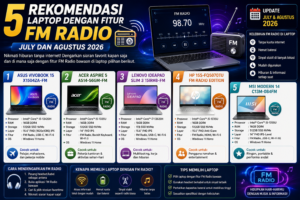 5 Rekomendasi Laptop dengan Fitur Radio FM Terbaik (Juli & Agustus 2026)Di tengah pesatnya perkembangan teknologi streaming musik dan audio digital berbasis internet, radio FM (Frequency Modulation) tetap memiliki tempat khusus bagi banyak orang. Radio FM menyajikan siaran berita lokal secara real-time, musik tanpa kuota internet, serta menjadi sarana komunikasi darurat yang andal ketika jaringan seluler atau Wi-Fi bermasalah.Bagi pengguna yang menginginkan perangkat kerja sekaligus hiburan serbaguna tanpa tergantung koneksi internet, memiliki laptop berfitur radio FM adalah nilai tambah yang besar. Memasuki periode Juli hingga Agustus 2026, pasar laptop menawarkan beberapa lini perangkat menarik yang mendukung penerimaan siaran radio FM—baik melalui modul hardware tuner internal terintegrasi maupun dukungan tuner eksternal terdedikasi.Berikut adalah panduan lengkap dan 5 rekomendasi laptop terbaik untuk menikmati siaran radio FM tanpa hambatan di pertengahan tahun 2026.Mengapa Fitur Radio FM di Laptop Tetap Relevan di Tahun 2026?Meskipun layanan streaming audio saat ini sangat populer, fitur radio analog/FM pada laptop tetap menawarkan beberapa keunggulan utama:Hemat Kuota Data & Bebas Internet: Anda dapat mendengarkan musik, acara bincang-bincang, atau siaran olahraga secara gratis tanpa memotong paket data internet atau bergantung pada Wi-Fi.Akses Informasi Darurat: Saat terjadi pemadaman listrik atau gangguan jaringan seluler, siaran radio FM merupakan saluran komunikasi utama untuk memperoleh pembaruan informasi dari pemerintah atau lembaga lokal.Penggunaan Daya Efisien: Menangkap gelombang radio FM mengonsumsi daya baterai jauh lebih sedikit dibandingkan melakukan streaming video atau audio definisi tinggi via internet.Memahami Teknologi Radio FM pada Laptop Modern (2026)Sebelum masuk ke daftar rekomendasi, penting untuk dicatat bahwa dalam industri laptop modern tahun 2026, fitur radio FM umumnya dihadirkan melalui dua metode utama:Modul Hardware Tuner bawaan / Kartu Modul Kombinasi: Beberapa laptop kelas industri, edukasi, atau edisi khusus dilengkapi modul tuner FM internal (sering kali terintegrasi dengan kartu Wi-Fi/Bluetooth atau modul modem WWAN 4G/5G). Antena headset (colokan audio 3.5mm) biasanya berfungsi sebagai antena penerima gelombang FM.Paket Tuner FM USB / Software Dedicated: Beberapa produsen menghadirkan laptop bundle yang mendukung integrasi dongle FM/DAB Tuner tingkat lanjut yang dapat diakses langsung via aplikasi bawaan laptop secara plug-and-play.5 Rekomendasi Laptop dengan Fitur Radio FM (Juli – Agustus 2026)1. Panasonic Toughbook 55 (MK3 / 2026 Edition)Laptop Rugged Serbaguna dengan Modul Komunikasi TerintegrasiPanasonic Toughbook 55 merupakan laptop kategori semi-rugged pilihan utama bagi pekerja lapangan, teknisi, dan personel militer. Perangkat ini dikenal dengan desain modularnya (expansion bay) yang memungkinkan pengguna memasukkan berbagai modul perangkat keras khusus, termasuk modul receiver radio FM/AM dan pemancar komunikasi khusus.Laptop ini memiliki daya tahan fisik luar biasa, sertifikasi IP53, serta daya tahan baterai hingga 19 jam. Sangat cocok bagi profesional yang bekerja di area terpencil di mana sinyal internet tidak tersedia, namun butuh mendengarkan siaran radio pemantau cuaca atau berita lokal.Prosesor: Intel® Core™ Ultra / Intel® Core™ i7Layar: 14 inci FHD Touchscreen (1000 nits Outdoor Display)Kelebihan Fitur FM: Modul penerima gelombang radio terintegrasi via Expansion BayDaya Tahan Baterai: Hingga 19 Jam (Dual Battery Support)Perkiraan Harga: Rp38.000.000 – Rp45.000.0002. Dell Latitude 5450 Rugged / Education EditionLaptop Lapangan dengan Modem WWAN & Dukungan Sinyal BroadcastDell Latitude 5450 edisi khusus lapangan dirancang untuk bertahan di lingkungan kerja yang keras. Selain dibekali sasis tahan benturan dan keyboard tahan tumpahan air, laptop ini dilengkapi dengan opsi modul modem nirkabel internal yang mendukung fungsi penerimaan frekuensi radio FM lokal melalui jack audio 3.5mm sebagai antena.Performa laptop ini disokong oleh prosesor efisien dari Intel, RAM DDR5 yang cepat, serta sistem pendingin handal untuk pemakaian durasi panjang. Bagi peneliti lapangan atau pekerja konstruksi, laptop ini menyediakan akses hiburan radio FM langsung di area kerja terpencil.Prosesor: Intel® Core™ Ultra 5 / Ultra 7Layar: 14 inci FHD Anti-Glare DisplayKelebihan Fitur FM: Support receiver frekuensi FM via kartu modul komunikasi internalFitur Tambahan: Ketahanan standar militer MIL-STD-810H, port I/O lengkapPerkiraan Harga: Rp22.000.000 – Rp26.000.0003. HP Fortis G11 Chromebook / Windows EditionLaptop Edukasi Tangguh dengan Integrasi Audio TunerSeri HP Fortis dirancang khusus untuk sektor pendidikan dan pengguna outdoor yang membutuhkan laptop dengan durabilitas tinggi serta fitur komunikasi lengkap. HP membekali lini Fortis edisi 2026 dengan modul konektivitas serbaguna yang mencakup dukungan frekuensi radio FM untuk keperluan pembelajaran audio dan siaran berita sekolah/lokal.Dengan harga yang terjangkau dan bodi berpelindung karet tahan jatuh, laptop ini sangat aman digunakan oleh siswa maupun pekerja lapangan yang sering berpindah tempat.Prosesor: Intel® N-Series / Intel® Core™ i3Layar: 14 inci HD/FHD TouchscreenKelebihan Fitur FM: Dukungan hardware tuner audio untuk siaran radio lokalPerkiraan Harga: Rp8.500.000 – Rp12.000.0004. Lenovo ThinkPad T14 Gen 5 (Custom Modul WWAN/FM)Laptop Bisnis Profesional dengan Opsi Konektivitas TerlengkapLenovo ThinkPad T14 adalah "kuda beban" di dunia korporat. Pada versi yang dapat dikonfigurasi kustom untuk kebutuhan khusus (seperti penyiaran atau riset pasar), ThinkPad T14 dapat dipasangi kartu penerima radio FM/SDR (Software Defined Radio) pada slot M.2 tambahan.Pengguna dapat memantau siaran FM lokal melalui aplikasi pemutar audio Lenovo secara lancar. Ditambah dengan keyboard ergonomis khas ThinkPad dan layar rasio 16:10 yang nyaman, laptop ini merupakan pilihan solid untuk analisis data sekaligus mendengarkan siaran favorit.Prosesor: AMD Ryzen™ 7 PRO / Intel® Core™ Ultra 7Layar: 14 inci WUXGA IPS Anti-GlareKelebihan Fitur FM: M.2 Expansion Slot untuk pemindai frekuensi radio FM/AMPerkiraan Harga: Rp21.000.000 – Rp25.000.0005. ASUS ExpertBook B3 Detachable (B3000) BundleLaptop 2-in-1 Fleksibel dengan Bundle FM USB Tuner & Mode TabletASUS ExpertBook B3 Detachable merupakan laptop fleksibel dengan layar yang dapat dilepas dari keyboard-nya. Pada paket penjualan edisi khusus pertengahan 2026, ASUS menyediakan aksesori USB-C FM Tuner presisi tinggi lengkap dengan aplikasi bawaan ASUS Radio Player.Bentuknya yang ringkas seperti tablet menjadikan laptop ini sangat nyaman digunakan untuk bersantai sambil mendengarkan siaran radio FM di rumah, taman, maupun saat bepergian.Prosesor: Snapdragon® 7c Gen 2 / Chipset Efisien TerbaruLayar: 10.5 inci WUXGA (1920x1200) TouchscreenKelebihan Fitur FM: Plug-and-play FM Radio receiver via USB-C + Antena internalPerkiraan Harga: Rp9.500.000 – Rp11.500.000Perbandingan Spesifikasi RingkasModel LaptopUkuran LayarJenis Implementasi FMDaya Tahan BateraiKisaran HargaPanasonic Toughbook 5514" FHDModul Internal Expansion BayHingga 19 JamRp38 Juta – Rp45 JutaDell Latitude 5450 Rugged14" FHDReceiver Internal Modul WWANHingga 14 JamRp22 Juta – Rp26 JutaHP Fortis G1114" HD/FHDHardware Tuner EdukasiHingga 12 JamRp8,5 Juta – Rp12 JutaLenovo ThinkPad T14 Gen 514" WUXGASlot M.2 / SDR Radio ReceiverHingga 15 JamRp21 Juta – Rp25 JutaASUS ExpertBook B310.5" WUXGAExternal USB-C Receiver BundleHingga 13 JamRp9,5 Juta – Rp11,5 JutaPanduan Penting Sebelum Membeli Laptop Berfitur Radio FMBerikut beberapa tips agar Anda tidak salah memilih perangkat:Gunakan Earphone Wired sebagai Antena: Sebagian besar laptop dengan fitur tuner FM membutuhkan earphone/headphone bercolokan jack 3.5mm untuk bertindak sebagai antena penerima gelombang radio yang jernih.Cek Ketersediaan Modul: Beberapa produsen menyediakan fitur FM sebagai opsi tambahan (optional module). Pastikan Anda memilih varian yang menyertakan modul tersebut pada deskripsi spesifikasi.Alternatif Dongle USB SDR: Jika laptop impian Anda tidak memiliki tuner FM bawaan, Anda selalu dapat menambahkan USB Radio Tuner mini (SDR Dongle) dengan harga terjangkau yang kompatibel dengan seluruh laptop Windows 11 dan Windows 12 di tahun 2026.Dapatkan kebebasan mendengarkan musik dan berita tanpa tergantung koneksi internet dengan memilih laptop berfitur radio FM terbaik pada periode Juli – Agustus 2026 inv