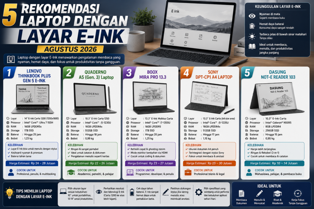 5 Rekomendasi Laptop dengan Layar E-Ink Terbaik (Agustus 2026)