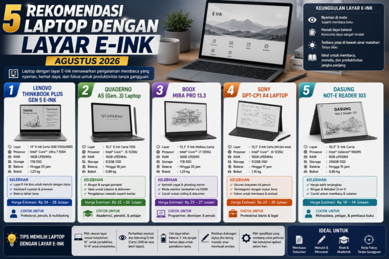 5 Rekomendasi Laptop dengan Layar E-Ink Terbaik (Agustus 2026)