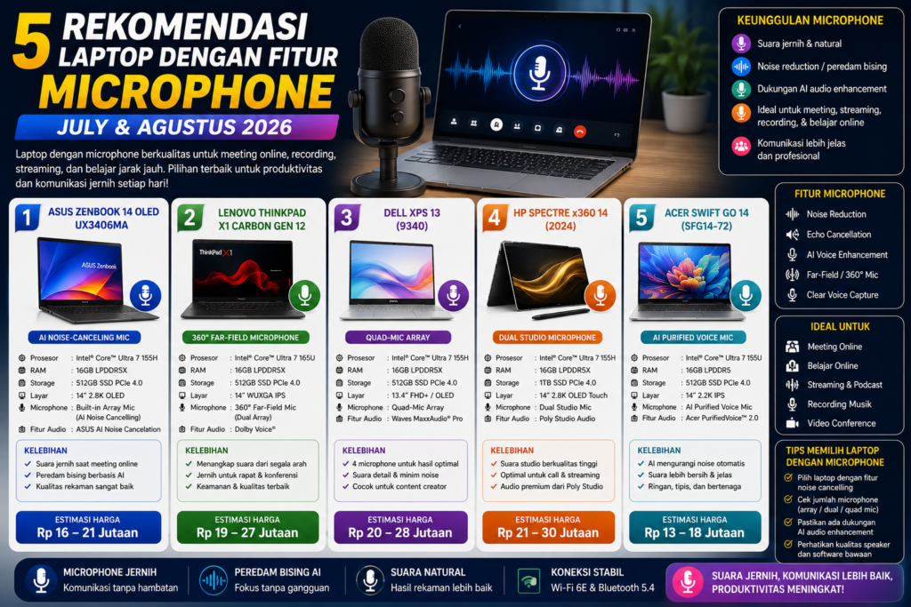 5 Rekomendasi Laptop dengan Fitur Microphone Terbaik (Juli & Agustus 2026)
