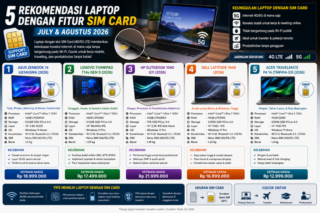 5 Rekomendasi Laptop dengan Fitur SIM Card Terbaik (Juli & Agustus 2026)