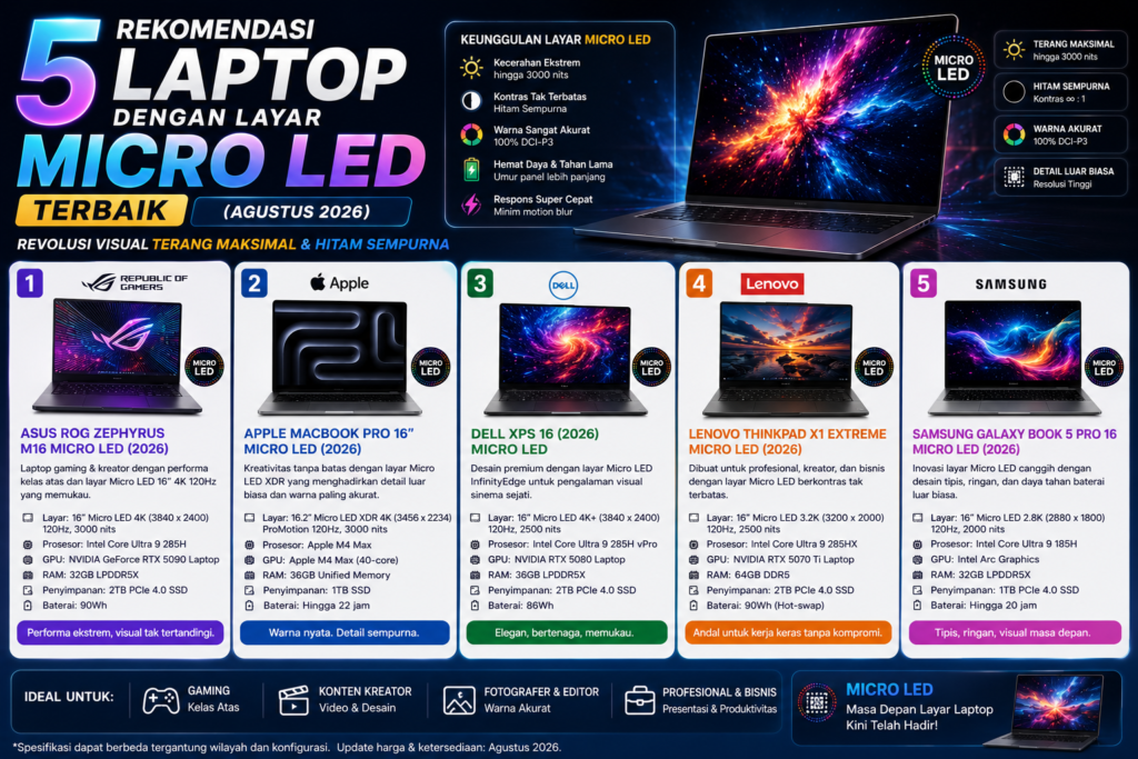5 Rekomendasi Laptop dengan Layar Micro LED Terbaik (Agustus 2026): Revolusi Visual Terang Maksimal & Hitam Sempurna