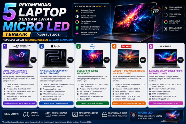 5 Rekomendasi Laptop dengan Layar Micro LED Terbaik (Agustus 2026): Revolusi Visual Terang Maksimal & Hitam Sempurna