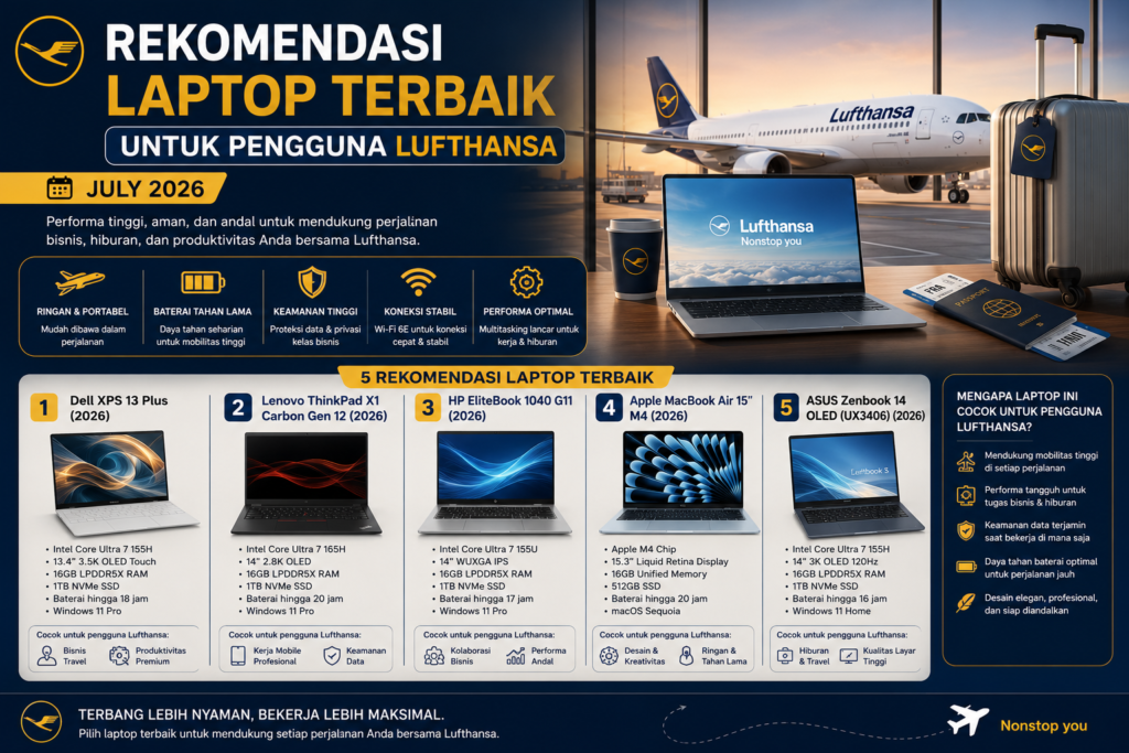 Rekomendasi Laptop Terbaik untuk Pengguna Lufthansa (Juli 2026)Bagi para penumpang setia maskapai penerbangan internasional terkemuka asal Jerman, Lufthansa, bepergian melintasi benua untuk urusan bisnis maupun liburan adalah bagian dari gaya hidup dinamis. Baik untuk penerbangan jarak jauh (long-haul) menuju pusat transit global di Frankfurt (FRA) dan Munich (MUC), maupun penerbangan lanjutan di sekitar Eropa, memiliki laptop yang andal dan adaptif adalah kunci utama produktivitas selama perjalanan.Pengguna layanan penerbangan Lufthansa membutuhkan perangkat yang ramah kabin: efisien saat diletakkan di atas meja lipat kelas ekonomi maupun bisnis, tangguh diajak maraton pekerjaan di Lufthansa Senator Lounge, serta memiliki konektivitas cepat untuk mengelola pemesanan tiket, check-in penerbangan, dan program pendaftaran Miles & More.Memasuki pertengahan tahun 2026, lini laptop ultraportabel telah dibekali arsitektur efisiensi energi yang revolusioner serta fitur kecerdasan buatan (AI) yang membuat pengalaman terbang menjadi lebih nyaman. Berikut adalah panduan lengkap dan rekomendasi laptop terbaik untuk pengguna Lufthansa pada Juli 2026.Kriteria Laptop Ideal untuk Penumpang Penerbangan LufthansaSebelum menentukan laptop pilihan, ada beberapa kriteria penting yang wajib dipertimbangkan oleh para frequent flyer dan pebisnis internasional:Ukuran Ringkas & Kompatibel Meja Kabin: Dimensi fisik yang tidak terlalu lebar (compact footprint) agar layar laptop dapat dibuka dengan leluasa di atas meja lipat pesawat tanpa terhalang sandaran kursi depan.Daya Tahan Baterai Ekstra Panjang: Baterai yang mampu bertahan minimal 14–18 jam pemakaian nyata untuk menemani penerbangan lintas benua tanpa tergantung pada colokan listrik kabin.Pengisian Daya Universal via USB-C (Power Delivery): Kemudahan pengisian daya menggunakan adaptor USB-C yang ringkas atau power bank berstandar penerbangan internasional (di bawah 100 Wh).Operasional Hening (Quiet/Fanless): Tidak menimbulkan suara dengung kipas yang bising di lingkungan kabin pesawat yang tenang.Konektivitas Internet Canggih (Wi-Fi 7 & 5G): Memastikan koneksi mulus ke jaringan Wi-Fi FlyNet® milik Lufthansa serta jaringan seluler di negara tujuan.5 Rekomendasi Laptop Terbaik untuk Pengguna Lufthansa (Juli 2026)1. Apple MacBook Air (13 & 15 Inci) – Standar Emas Penerbangan Jarak JauhApple MacBook Air terus memegang posisi puncak sebagai laptop penerbangan terbaik di dunia. Ditenagai chip Apple Silicon generasi terbaru yang sangat efisien, laptop ini menyajikan kombinasi performa kencang tanpa bising karena menggunakan desain fanless (tanpa kipas pendingin).Keunggulan untuk Penumpang Lufthansa: Desainnya yang sepenuhnya hening membuat Anda dapat bekerja nyaman di malam hari di atas kabin Lufthansa tanpa mengganggu penumpang sebelah. Layar Liquid Retina yang tajam sangat nyaman di mata untuk membaca dokumen kerja atau meninjau itinerary perjalanan.Fitur Utama: Baterai bertahan hingga 18 jam, pengisian daya MagSafe dan USB-C fleksibel, sasis aluminium kokoh, serta trackpad paling presisi.Target Pengguna: Pengguna ekosistem iOS/macOS yang mengutamakan daya tahan baterai maksimal dan portabilitas tanpa suara kipas.2. ASUS Zenbook S 13 OLED – Super Tipis & Sangat Ringan di Tas KabinJika efisiensi bobot tas jinjing adalah prioritas utama Anda, ASUS Zenbook S 13 OLED hadir sebagai solusi Windows paling ideal. Memiliki ketebalan hanya sekitar 1 cm dan bobot berkisar 1 kg, laptop ini sangat praktis diselipkan ke dalam tas carry-on.Keunggulan untuk Penumpang Lufthansa: Panel layar ASUS Lumina OLED menyajikan tingkat warna dan kontras luar biasa. Sangat nyaman digunakan saat bekerja di Lufthansa Senator Lounge maupun menonton hiburan selama transit.Fitur Utama: Bobot super ringan (~1 kg), sasis tangguh dengan sertifikasi standar militer MIL-STD-810H, serta kelengkapan port fisik (USB-C, USB-A, HDMI) tanpa perlu membawa banyak dongle.Target Pengguna: Pengguna Windows yang memprioritaskan ketipisan ekstrem, ketersediaan port lengkap, dan bobot yang sangat ringan.3. Dell XPS 13 – Dimensi Ringkas untuk Ruang Kabin TerbatasDell XPS 13 memikat lewat bahasa desain futuristis dan bezel layar InfinityEdge yang sangat tipis di keempat sisinya. Dimensi fisiknya yang begitu mungil menjadikannya sangat mudah digunakan di ruang-ruang terbatas.Keunggulan untuk Penumpang Lufthansa: Bezel layar yang sangat tipis membuat ukuran fisik laptop ini jauh lebih kecil dibanding laptop 13 inci pada umumnya. Anda tetap dapat membuka layar laptop secara penuh meskipun penumpang di depan Anda merebahkan kursinya.Fitur Utama: Ditenagai prosesor efisiensi tinggi berbasis AI tahun 2026, sasis presisi berbahan aluminium CNC, serta pilihan layar resolusi tinggi anti-silau.Target Pengguna: Profesional yang menyukai estetika modern minimalis serta membutuhkan laptop berukuran ringkas untuk meja kabin.4. Lenovo ThinkPad X1 Carbon – Durabilitas Kelas Bisnis & Keyboard ErgonomisBagi para eksekutif korporat yang sering terbang bersama Lufthansa untuk kunjungan bisnis internasional, Lenovo ThinkPad X1 Carbon adalah pilihan investasi kerja terbaik.Keunggulan untuk Penumpang Lufthansa: Keyboard khas ThinkPad memberikan pengalaman mengetik paling nyaman dan presisi. Dilengkapi lampu latar (backlight) yang membantu pengetikan Laporan kerja saat lampu kabin utama diredupkan.Fitur Utama: Sasis dari serat karbon super kuat dan ringan, fitur keamanan data kelas enterprise, serta ketahanan baterai yang sangat andal untuk penggunaan intensif.Target Pengguna: Eksekutif bisnis dan profesional yang mengutamakan keamanan data, ketahanan fisik laptop, serta kenyamanan mengetik.5. HP Spectre x360 14 – Fleksibilitas Convertible 2-in-1Untuk pengalaman hiburan dan produktivitas yang fleksibel selama penerbangan, HP Spectre x360 menyajikan engsel 360 derajat yang memungkinkannya diubah ke dalam mode tablet atau mode tent (tenda).Keunggulan untuk Penumpang Lufthansa: Dalam mode tent, laptop ini berfungsi layaknya bioskop pribadi di atas meja kabin. Sangat ideal untuk menikmati film, membaca majalah penerbangan digital, atau memantau peta rute penerbangan secara interaktif via layar sentuh.Fitur Utama: Fleksibilitas penggunaan 2-in-1, sistem audio premium, serta manajemen daya pintar berbasis AI lokal.Target Pengguna: Traveler yang menginginkan perangkat serbaguna untuk kebutuhan kerja profesional sekaligus hiburan media penerbangan.Tabel Perbandingan Spesifikasi UtamaModel LaptopUkuran LayarBobot UtamaEstimasi BateraiKeunggulan UtamaApple MacBook Air13.6" / 15.3"~1.24 kgHingga 18 JamBaterai paling awet & tanpa suara kipasASUS Zenbook S 13 OLED13.3" OLED~1.00 kgHingga 14 JamBodi super tipis (1 cm) & port fisik lengkapDell XPS 1313.4" FHD+/OLED~1.19 kgHingga 16 JamDimensi paling ringkas & bezel ultra-tipisLenovo ThinkPad X1 Carbon14.0" IPS/OLED~1.12 kgHingga 15 JamSasis serat karbon & keyboard paling nyamanHP Spectre x360 1414.0" OLED Touch~1.39 kgHingga 13 JamConvertible 2-in-1 & mode bioskop pribadiTips Produktivitas & Penerbangan untuk Penumpang LufthansaUnduh Dokumen Secara Offline: Sebelum naik ke pesawat, pastikan berkas kerja, tiket elektronik, dan paspor digital telah tersimpan di SSD laptop agar dapat diakses tanpa tergantung jaringan Wi-Fi kabin.Aktifkan Battery Saver & Dark Mode: Aktifkan fitur hemat daya di sistem operasi serta dark mode (khususnya pada laptop berlayar OLED) untuk menghemat konsumsi daya baterai selama penerbangan belasan jam.Gunakan Power Bank USB-C PD: Selalu sediakan power bank khusus laptop berkapasitas di bawah 100 Wh (sesuai regulasi IATA dan Lufthansa) di dalam tas kabin untuk daya cadangan darurat.KesimpulanMemilih laptop terbaik untuk mendampingi perjalanan bersama Lufthansa pada pertengahan tahun 2026 berfokus pada tiga pilar utama: portabilitas ringkas, efisiensi daya baterai, dan ketenangan operasional. Dengan memilih salah satu rekomendasi laptop di atas, aktivitas pekerjaan maupun hiburan Anda selama penerbangan lintas negara dipastikan akan berlangsung lebih lancar, nyaman, dan produktif.