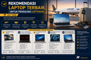 Rekomendasi Laptop Terbaik untuk Pengguna Lufthansa (Juli 2026)Bagi para penumpang setia maskapai penerbangan internasional terkemuka asal Jerman, Lufthansa, bepergian melintasi benua untuk urusan bisnis maupun liburan adalah bagian dari gaya hidup dinamis. Baik untuk penerbangan jarak jauh (long-haul) menuju pusat transit global di Frankfurt (FRA) dan Munich (MUC), maupun penerbangan lanjutan di sekitar Eropa, memiliki laptop yang andal dan adaptif adalah kunci utama produktivitas selama perjalanan.Pengguna layanan penerbangan Lufthansa membutuhkan perangkat yang ramah kabin: efisien saat diletakkan di atas meja lipat kelas ekonomi maupun bisnis, tangguh diajak maraton pekerjaan di Lufthansa Senator Lounge, serta memiliki konektivitas cepat untuk mengelola pemesanan tiket, check-in penerbangan, dan program pendaftaran Miles & More.Memasuki pertengahan tahun 2026, lini laptop ultraportabel telah dibekali arsitektur efisiensi energi yang revolusioner serta fitur kecerdasan buatan (AI) yang membuat pengalaman terbang menjadi lebih nyaman. Berikut adalah panduan lengkap dan rekomendasi laptop terbaik untuk pengguna Lufthansa pada Juli 2026.Kriteria Laptop Ideal untuk Penumpang Penerbangan LufthansaSebelum menentukan laptop pilihan, ada beberapa kriteria penting yang wajib dipertimbangkan oleh para frequent flyer dan pebisnis internasional:Ukuran Ringkas & Kompatibel Meja Kabin: Dimensi fisik yang tidak terlalu lebar (compact footprint) agar layar laptop dapat dibuka dengan leluasa di atas meja lipat pesawat tanpa terhalang sandaran kursi depan.Daya Tahan Baterai Ekstra Panjang: Baterai yang mampu bertahan minimal 14–18 jam pemakaian nyata untuk menemani penerbangan lintas benua tanpa tergantung pada colokan listrik kabin.Pengisian Daya Universal via USB-C (Power Delivery): Kemudahan pengisian daya menggunakan adaptor USB-C yang ringkas atau power bank berstandar penerbangan internasional (di bawah 100 Wh).Operasional Hening (Quiet/Fanless): Tidak menimbulkan suara dengung kipas yang bising di lingkungan kabin pesawat yang tenang.Konektivitas Internet Canggih (Wi-Fi 7 & 5G): Memastikan koneksi mulus ke jaringan Wi-Fi FlyNet® milik Lufthansa serta jaringan seluler di negara tujuan.5 Rekomendasi Laptop Terbaik untuk Pengguna Lufthansa (Juli 2026)1. Apple MacBook Air (13 & 15 Inci) – Standar Emas Penerbangan Jarak JauhApple MacBook Air terus memegang posisi puncak sebagai laptop penerbangan terbaik di dunia. Ditenagai chip Apple Silicon generasi terbaru yang sangat efisien, laptop ini menyajikan kombinasi performa kencang tanpa bising karena menggunakan desain fanless (tanpa kipas pendingin).Keunggulan untuk Penumpang Lufthansa: Desainnya yang sepenuhnya hening membuat Anda dapat bekerja nyaman di malam hari di atas kabin Lufthansa tanpa mengganggu penumpang sebelah. Layar Liquid Retina yang tajam sangat nyaman di mata untuk membaca dokumen kerja atau meninjau itinerary perjalanan.Fitur Utama: Baterai bertahan hingga 18 jam, pengisian daya MagSafe dan USB-C fleksibel, sasis aluminium kokoh, serta trackpad paling presisi.Target Pengguna: Pengguna ekosistem iOS/macOS yang mengutamakan daya tahan baterai maksimal dan portabilitas tanpa suara kipas.2. ASUS Zenbook S 13 OLED – Super Tipis & Sangat Ringan di Tas KabinJika efisiensi bobot tas jinjing adalah prioritas utama Anda, ASUS Zenbook S 13 OLED hadir sebagai solusi Windows paling ideal. Memiliki ketebalan hanya sekitar 1 cm dan bobot berkisar 1 kg, laptop ini sangat praktis diselipkan ke dalam tas carry-on.Keunggulan untuk Penumpang Lufthansa: Panel layar ASUS Lumina OLED menyajikan tingkat warna dan kontras luar biasa. Sangat nyaman digunakan saat bekerja di Lufthansa Senator Lounge maupun menonton hiburan selama transit.Fitur Utama: Bobot super ringan (~1 kg), sasis tangguh dengan sertifikasi standar militer MIL-STD-810H, serta kelengkapan port fisik (USB-C, USB-A, HDMI) tanpa perlu membawa banyak dongle.Target Pengguna: Pengguna Windows yang memprioritaskan ketipisan ekstrem, ketersediaan port lengkap, dan bobot yang sangat ringan.3. Dell XPS 13 – Dimensi Ringkas untuk Ruang Kabin TerbatasDell XPS 13 memikat lewat bahasa desain futuristis dan bezel layar InfinityEdge yang sangat tipis di keempat sisinya. Dimensi fisiknya yang begitu mungil menjadikannya sangat mudah digunakan di ruang-ruang terbatas.Keunggulan untuk Penumpang Lufthansa: Bezel layar yang sangat tipis membuat ukuran fisik laptop ini jauh lebih kecil dibanding laptop 13 inci pada umumnya. Anda tetap dapat membuka layar laptop secara penuh meskipun penumpang di depan Anda merebahkan kursinya.Fitur Utama: Ditenagai prosesor efisiensi tinggi berbasis AI tahun 2026, sasis presisi berbahan aluminium CNC, serta pilihan layar resolusi tinggi anti-silau.Target Pengguna: Profesional yang menyukai estetika modern minimalis serta membutuhkan laptop berukuran ringkas untuk meja kabin.4. Lenovo ThinkPad X1 Carbon – Durabilitas Kelas Bisnis & Keyboard ErgonomisBagi para eksekutif korporat yang sering terbang bersama Lufthansa untuk kunjungan bisnis internasional, Lenovo ThinkPad X1 Carbon adalah pilihan investasi kerja terbaik.Keunggulan untuk Penumpang Lufthansa: Keyboard khas ThinkPad memberikan pengalaman mengetik paling nyaman dan presisi. Dilengkapi lampu latar (backlight) yang membantu pengetikan Laporan kerja saat lampu kabin utama diredupkan.Fitur Utama: Sasis dari serat karbon super kuat dan ringan, fitur keamanan data kelas enterprise, serta ketahanan baterai yang sangat andal untuk penggunaan intensif.Target Pengguna: Eksekutif bisnis dan profesional yang mengutamakan keamanan data, ketahanan fisik laptop, serta kenyamanan mengetik.5. HP Spectre x360 14 – Fleksibilitas Convertible 2-in-1Untuk pengalaman hiburan dan produktivitas yang fleksibel selama penerbangan, HP Spectre x360 menyajikan engsel 360 derajat yang memungkinkannya diubah ke dalam mode tablet atau mode tent (tenda).Keunggulan untuk Penumpang Lufthansa: Dalam mode tent, laptop ini berfungsi layaknya bioskop pribadi di atas meja kabin. Sangat ideal untuk menikmati film, membaca majalah penerbangan digital, atau memantau peta rute penerbangan secara interaktif via layar sentuh.Fitur Utama: Fleksibilitas penggunaan 2-in-1, sistem audio premium, serta manajemen daya pintar berbasis AI lokal.Target Pengguna: Traveler yang menginginkan perangkat serbaguna untuk kebutuhan kerja profesional sekaligus hiburan media penerbangan.Tabel Perbandingan Spesifikasi UtamaModel LaptopUkuran LayarBobot UtamaEstimasi BateraiKeunggulan UtamaApple MacBook Air13.6" / 15.3"~1.24 kgHingga 18 JamBaterai paling awet & tanpa suara kipasASUS Zenbook S 13 OLED13.3" OLED~1.00 kgHingga 14 JamBodi super tipis (1 cm) & port fisik lengkapDell XPS 1313.4" FHD+/OLED~1.19 kgHingga 16 JamDimensi paling ringkas & bezel ultra-tipisLenovo ThinkPad X1 Carbon14.0" IPS/OLED~1.12 kgHingga 15 JamSasis serat karbon & keyboard paling nyamanHP Spectre x360 1414.0" OLED Touch~1.39 kgHingga 13 JamConvertible 2-in-1 & mode bioskop pribadiTips Produktivitas & Penerbangan untuk Penumpang LufthansaUnduh Dokumen Secara Offline: Sebelum naik ke pesawat, pastikan berkas kerja, tiket elektronik, dan paspor digital telah tersimpan di SSD laptop agar dapat diakses tanpa tergantung jaringan Wi-Fi kabin.Aktifkan Battery Saver & Dark Mode: Aktifkan fitur hemat daya di sistem operasi serta dark mode (khususnya pada laptop berlayar OLED) untuk menghemat konsumsi daya baterai selama penerbangan belasan jam.Gunakan Power Bank USB-C PD: Selalu sediakan power bank khusus laptop berkapasitas di bawah 100 Wh (sesuai regulasi IATA dan Lufthansa) di dalam tas kabin untuk daya cadangan darurat.KesimpulanMemilih laptop terbaik untuk mendampingi perjalanan bersama Lufthansa pada pertengahan tahun 2026 berfokus pada tiga pilar utama: portabilitas ringkas, efisiensi daya baterai, dan ketenangan operasional. Dengan memilih salah satu rekomendasi laptop di atas, aktivitas pekerjaan maupun hiburan Anda selama penerbangan lintas negara dipastikan akan berlangsung lebih lancar, nyaman, dan produktif.