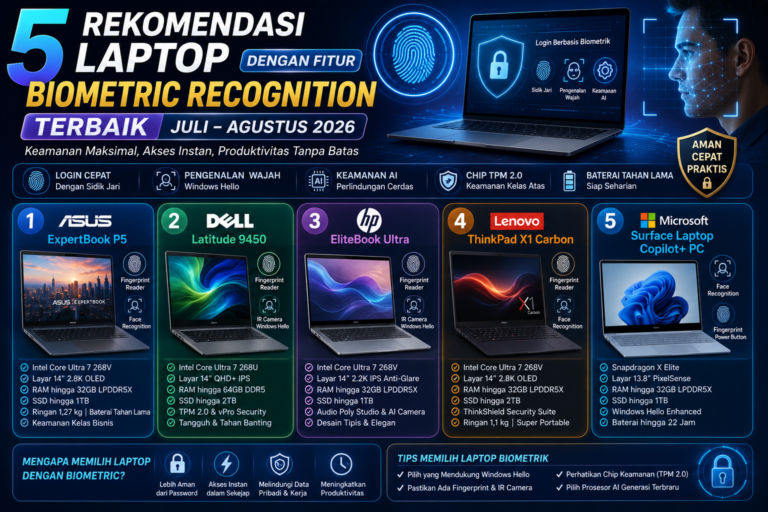 5 Rekomendasi Laptop dengan Fitur Biometric Recognition Terbaik Juli–Agustus 2026