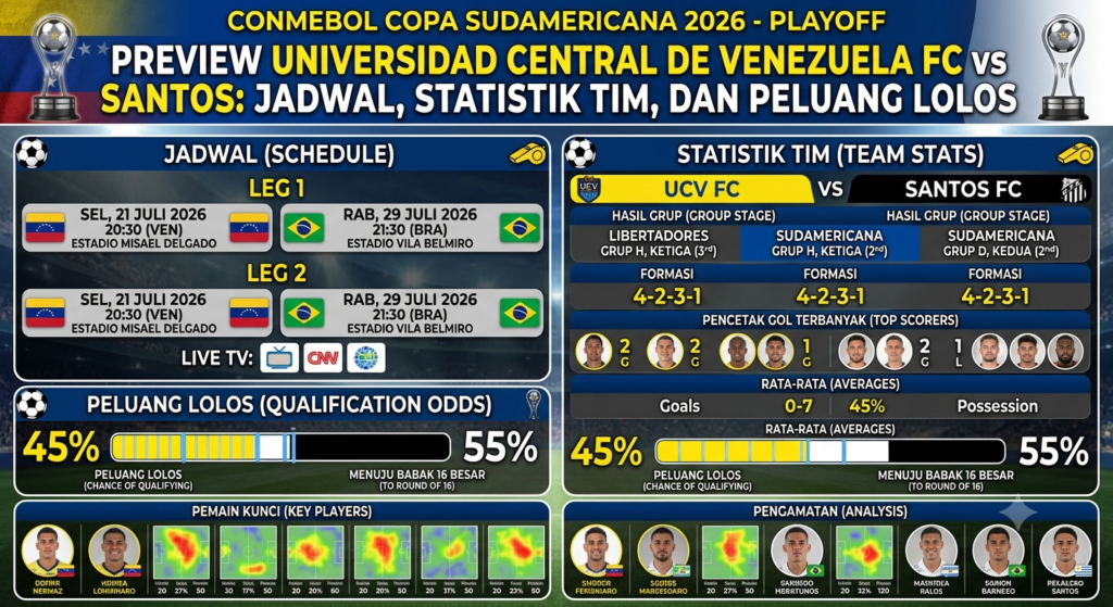 Preview Universidad Central de Venezuela FC vs Santos: Jadwal, Statistik Tim, dan Peluang Lolos