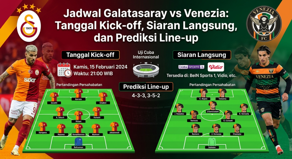 buatkan saya gambar dengan judul tersebut Jadwal Galatasaray vs Venezia: Tanggal Kick-off, Siaran Langsung, dan Prediksi Line-up