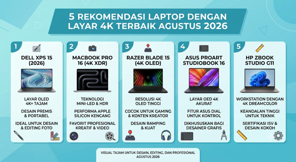 5 Rekomendasi Laptop dengan Layar 4K Terbaik Agustus 2026, Visual Tajam untuk Desain, Editing, dan Profesional