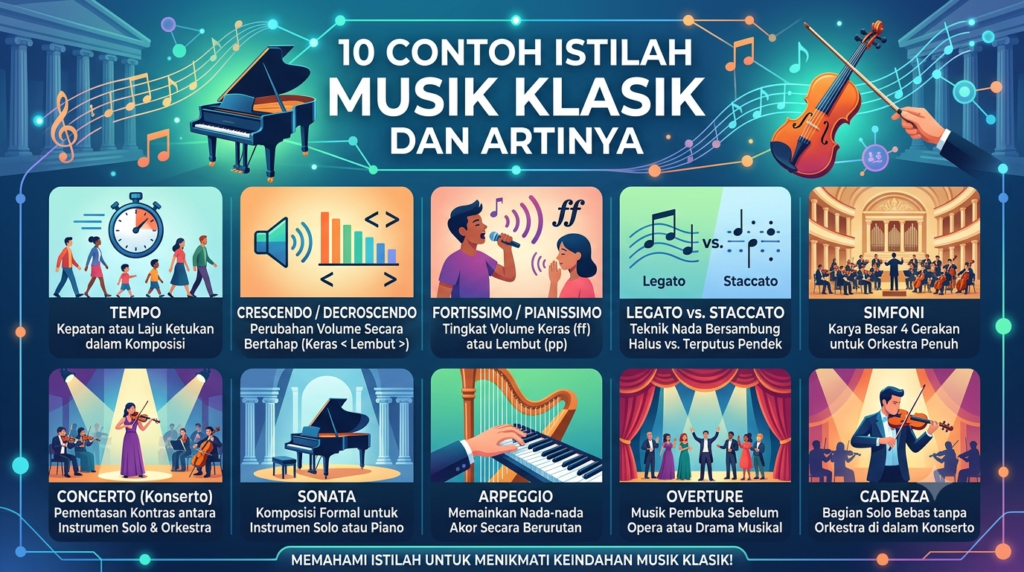 Mengapa Memahami Istilah Musik Klasik Itu Penting? Istilah-istilah dalam musik klasik berfungsi sebagai "petunjuk jalan" bagi para pemusik saat membaca lembar musik (sheet music). Memahami istilah ini memberikan berbagai manfaat:  Menjaga Aksentuasi dan Dinamika: Membantu pemusik memainkan nada dengan intensitas volume dan kecepatan yang tepat.  Mempermudah Komunikasi dalam Orkestra: Memungkinkan konduktor dan pemain instrumen berkomunikasi dengan bahasa teknis yang seragam.  Meningkatkan Pengalaman Mendengar: Membantu pendengar menikmati setiap perubahan suasana (mood) dan struktur dalam sebuah simfoni.  10 Contoh Istilah Musik Klasik dan Artinya 1. Tempo (Allegro, Adagio, Andante) Artinya: Kecepatan atau laju ketukan dalam sebuah komposisi musik.  Penjelasan & Konteks:  Allegro: Dimainkan dengan tempo cepat, cerah, dan gembira.  Andante: Dimainkan dengan tempo sedang, santai seperti langkah orang berjalan.  Adagio: Dimainkan dengan tempo lambat, anggun, dan penuh penghayatan.  Tempo memberikan dasar ritmis yang menentukan karakter utama dari sebuah bagian musik.  2. Crescendo & Decrescendo (Diminuendo) Artinya: * Crescendo (): Perubahan volume suara secara bertahap dari nyaring menjadi semakin lembut.  Penjelasan & Konteks: Teknik dinamika ini digunakan oleh komponis untuk membangun ketegangan emosional atau memberikan efek kejutan visual-auditori kepada pendengar.  3. Fortissimo (ff) & Pianissimo (pp) Artinya:  Fortissimo (ff): Instruksi untuk memainkan musik dengan sangat nyaring/keras.  Pianissimo (pp): Instruksi untuk memainkan musik dengan sangat lembut.  Penjelasan & Konteks: Tingkat volume ekstrim ini menunjukkan spektrum dinamika yang luas dalam musik klasik, membedakan bagian yang penuh energi dramatis dengan bagian yang intim atau bisikan emosional.  4. Legato vs. Staccato Artinya:  Legato: Teknik memainkan nada-nada secara bersambung, halus, dan terhubung tanpa jeda terputus.  Staccato: Teknik memainkan nada secara terputus-putus, pendek, dan terpisah satu sama lain.  Penjelasan & Konteks: Perbedaan teknik permainan ini menciptakan tekstur artikulasi yang berbeda. Legato menciptakan suasana romantis dan mengalir, sedangkan staccato memberikan kesan lincah, ceria, atau menegangkan.  5. Simfoni (Symphony) Artinya: Karya musik berskala besar yang digubah untuk dimainkan oleh orkestra penuh (full orchestra), biasanya terdiri dari empat bagian gerakan (movements) dengan struktur tempo yang kontras.  Penjelasan & Konteks: Simfoni merupakan salah satu bentuk pencapaian tertinggi dalam musik klasik. Komponis ternama seperti Ludwig van Beethoven dan Wolfgang Amadeus Mozart terkenal dengan karya-karya simfoninya yang monumental.  6. Concerto (Konserto) Artinya: Komposisi musik yang menampilkan kontras antara satu instrumen solo (misalnya biola, piano, atau selo) yang diiringi oleh ansambel orkestra penuh.  Penjelasan & Konteks: Concerto dirancang untuk memamerkan keahlian virtuoso sang solis, baik dari segi kecepatan teknik jari maupun kedalaman ekspresi emosional.  7. Sonatak (Sonata) Artinya: Bentuk komposisi musik instrumental yang biasanya terdiri dari 3 hingga 4 gerakan untuk instrumen tunggal (seperti piano) atau instrumen solo dengan iringan piano.  Penjelasan & Konteks: Sonata mengikuti struktur formal yang ketat (eksposisi, pengembangan, dan rekapitulasi) untuk mengeksplorasi tema-tema melodi secara mendalam.  8. Arpeggio Artinya: Teknik memainkan nada-nada dari suatu akor secara berurutan satu per satu (dipetik/ditekan terpisah), bukan dibunyikan secara bersamaan.  Penjelasan & Konteks: Sering disebut sebagai "akor terurai", arpeggio memberikan aliran harmoni yang indah dan sering ditemukan pada permainan harpa, piano, maupun gitar klasik.  9. Overture (Overtur) Artinya: Musik pembuka instrumental yang dimainkan oleh orkestra sebelum pertunjukan opera, balet, atau drama musikal dimulai.  Penjelasan & Konteks: Overture merangkum tema-tema melodi utama yang akan muncul sepanjang pertunjukan, berfungsi untuk mengondisikan suasana hati (setting the mood) audiens.  10. Cadenza Artinya: Bagian dalam konserto di mana orkestra berhenti bermain, memberikan kesempatan kepada solis untuk berimprovisasi atau menampilkan teknik permainan tunggal yang sangat rumit dan memukau.  Penjelasan & Konteks: Cadenza berada di dekat akhir gerakan dan menjadi panggung puncak bagi solis untuk menunjukkan keahlian teknis serta interpretasi pribadinya.  Ringkasan Istilah Musik Klasik No	Istilah Musik	Kategori	Penjelasan Singkat 1	Tempo	Laju Ketukan	Kecepatan musik (Allegro = cepat, Adagio = lambat) 2	Crescendo / Decrescendo	Dinamika Volume	Perubahan volume perlahan keras () 3	Fortissimo / Pianissimo	Tingkat Volume	Dimainkan sangat keras (ff) atau sangat lembut (pp) 4	Legato / Staccato	Artikulasi	Nada terhubung halus vs. nada terputus pendek 5	Simfoni	Bentuk Karya	Komposisi besar 4 gerakan untuk orkestra penuh 6	Concerto	Bentuk Karya	Pementasan kontras antara instrumen solo & orkestra 7	Sonata	Bentuk Karya	Komposisi formal untuk instrumen solo atau piano 8	Arpeggio	Teknik Akor	Memainkan nada-nada akor secara berurutan 9	Overture	Musik Pembuka	Musik instrumen pengantar sebelum opera atau drama 10	Cadenza	Unjuk Keahlian	Bagian solo bebas tanpa orkestra di dalam konserto Kesimpulan Menguasai istilah-istilah seperti tempo, crescendo, legato, hingga cadenza membuka pintu pemahaman yang lebih luas terhadap keindahan musik klasik. Setiap istilah mencerminkan presisi dan estetika tinggi yang telah dirancang oleh para komponis lintas zaman untuk menyentuh perasaan para pendengarnya.