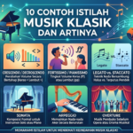 Mengapa Memahami Istilah Musik Klasik Itu Penting? Istilah-istilah dalam musik klasik berfungsi sebagai "petunjuk jalan" bagi para pemusik saat membaca lembar musik (sheet music). Memahami istilah ini memberikan berbagai manfaat:  Menjaga Aksentuasi dan Dinamika: Membantu pemusik memainkan nada dengan intensitas volume dan kecepatan yang tepat.  Mempermudah Komunikasi dalam Orkestra: Memungkinkan konduktor dan pemain instrumen berkomunikasi dengan bahasa teknis yang seragam.  Meningkatkan Pengalaman Mendengar: Membantu pendengar menikmati setiap perubahan suasana (mood) dan struktur dalam sebuah simfoni.  10 Contoh Istilah Musik Klasik dan Artinya 1. Tempo (Allegro, Adagio, Andante) Artinya: Kecepatan atau laju ketukan dalam sebuah komposisi musik.  Penjelasan & Konteks:  Allegro: Dimainkan dengan tempo cepat, cerah, dan gembira.  Andante: Dimainkan dengan tempo sedang, santai seperti langkah orang berjalan.  Adagio: Dimainkan dengan tempo lambat, anggun, dan penuh penghayatan.  Tempo memberikan dasar ritmis yang menentukan karakter utama dari sebuah bagian musik.  2. Crescendo & Decrescendo (Diminuendo) Artinya: * Crescendo (): Perubahan volume suara secara bertahap dari nyaring menjadi semakin lembut.  Penjelasan & Konteks: Teknik dinamika ini digunakan oleh komponis untuk membangun ketegangan emosional atau memberikan efek kejutan visual-auditori kepada pendengar.  3. Fortissimo (ff) & Pianissimo (pp) Artinya:  Fortissimo (ff): Instruksi untuk memainkan musik dengan sangat nyaring/keras.  Pianissimo (pp): Instruksi untuk memainkan musik dengan sangat lembut.  Penjelasan & Konteks: Tingkat volume ekstrim ini menunjukkan spektrum dinamika yang luas dalam musik klasik, membedakan bagian yang penuh energi dramatis dengan bagian yang intim atau bisikan emosional.  4. Legato vs. Staccato Artinya:  Legato: Teknik memainkan nada-nada secara bersambung, halus, dan terhubung tanpa jeda terputus.  Staccato: Teknik memainkan nada secara terputus-putus, pendek, dan terpisah satu sama lain.  Penjelasan & Konteks: Perbedaan teknik permainan ini menciptakan tekstur artikulasi yang berbeda. Legato menciptakan suasana romantis dan mengalir, sedangkan staccato memberikan kesan lincah, ceria, atau menegangkan.  5. Simfoni (Symphony) Artinya: Karya musik berskala besar yang digubah untuk dimainkan oleh orkestra penuh (full orchestra), biasanya terdiri dari empat bagian gerakan (movements) dengan struktur tempo yang kontras.  Penjelasan & Konteks: Simfoni merupakan salah satu bentuk pencapaian tertinggi dalam musik klasik. Komponis ternama seperti Ludwig van Beethoven dan Wolfgang Amadeus Mozart terkenal dengan karya-karya simfoninya yang monumental.  6. Concerto (Konserto) Artinya: Komposisi musik yang menampilkan kontras antara satu instrumen solo (misalnya biola, piano, atau selo) yang diiringi oleh ansambel orkestra penuh.  Penjelasan & Konteks: Concerto dirancang untuk memamerkan keahlian virtuoso sang solis, baik dari segi kecepatan teknik jari maupun kedalaman ekspresi emosional.  7. Sonatak (Sonata) Artinya: Bentuk komposisi musik instrumental yang biasanya terdiri dari 3 hingga 4 gerakan untuk instrumen tunggal (seperti piano) atau instrumen solo dengan iringan piano.  Penjelasan & Konteks: Sonata mengikuti struktur formal yang ketat (eksposisi, pengembangan, dan rekapitulasi) untuk mengeksplorasi tema-tema melodi secara mendalam.  8. Arpeggio Artinya: Teknik memainkan nada-nada dari suatu akor secara berurutan satu per satu (dipetik/ditekan terpisah), bukan dibunyikan secara bersamaan.  Penjelasan & Konteks: Sering disebut sebagai "akor terurai", arpeggio memberikan aliran harmoni yang indah dan sering ditemukan pada permainan harpa, piano, maupun gitar klasik.  9. Overture (Overtur) Artinya: Musik pembuka instrumental yang dimainkan oleh orkestra sebelum pertunjukan opera, balet, atau drama musikal dimulai.  Penjelasan & Konteks: Overture merangkum tema-tema melodi utama yang akan muncul sepanjang pertunjukan, berfungsi untuk mengondisikan suasana hati (setting the mood) audiens.  10. Cadenza Artinya: Bagian dalam konserto di mana orkestra berhenti bermain, memberikan kesempatan kepada solis untuk berimprovisasi atau menampilkan teknik permainan tunggal yang sangat rumit dan memukau.  Penjelasan & Konteks: Cadenza berada di dekat akhir gerakan dan menjadi panggung puncak bagi solis untuk menunjukkan keahlian teknis serta interpretasi pribadinya.  Ringkasan Istilah Musik Klasik No	Istilah Musik	Kategori	Penjelasan Singkat 1	Tempo	Laju Ketukan	Kecepatan musik (Allegro = cepat, Adagio = lambat) 2	Crescendo / Decrescendo	Dinamika Volume	Perubahan volume perlahan keras () 3	Fortissimo / Pianissimo	Tingkat Volume	Dimainkan sangat keras (ff) atau sangat lembut (pp) 4	Legato / Staccato	Artikulasi	Nada terhubung halus vs. nada terputus pendek 5	Simfoni	Bentuk Karya	Komposisi besar 4 gerakan untuk orkestra penuh 6	Concerto	Bentuk Karya	Pementasan kontras antara instrumen solo & orkestra 7	Sonata	Bentuk Karya	Komposisi formal untuk instrumen solo atau piano 8	Arpeggio	Teknik Akor	Memainkan nada-nada akor secara berurutan 9	Overture	Musik Pembuka	Musik instrumen pengantar sebelum opera atau drama 10	Cadenza	Unjuk Keahlian	Bagian solo bebas tanpa orkestra di dalam konserto Kesimpulan Menguasai istilah-istilah seperti tempo, crescendo, legato, hingga cadenza membuka pintu pemahaman yang lebih luas terhadap keindahan musik klasik. Setiap istilah mencerminkan presisi dan estetika tinggi yang telah dirancang oleh para komponis lintas zaman untuk menyentuh perasaan para pendengarnya.