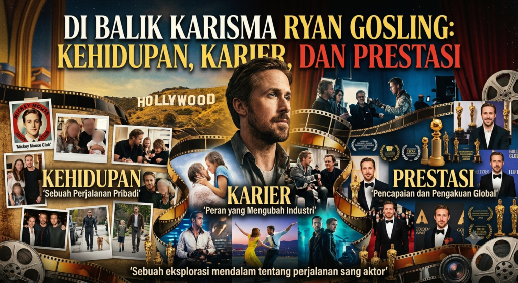 Di Balik Karisma Ryan Gosling: Kehidupan, Karier, dan Prestasi buatkan saya gambar dengan judul tersebut