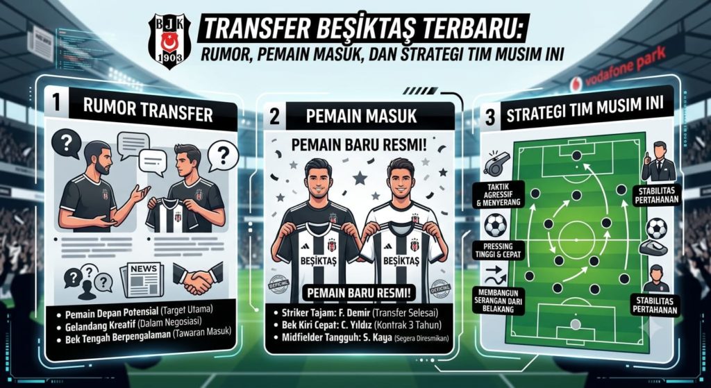 Transfer Beşiktaş Terbaru: Rumor, Pemain Masuk, dan Strategi Tim Musim Ini buatkan saya gambar dengan judul tersebut