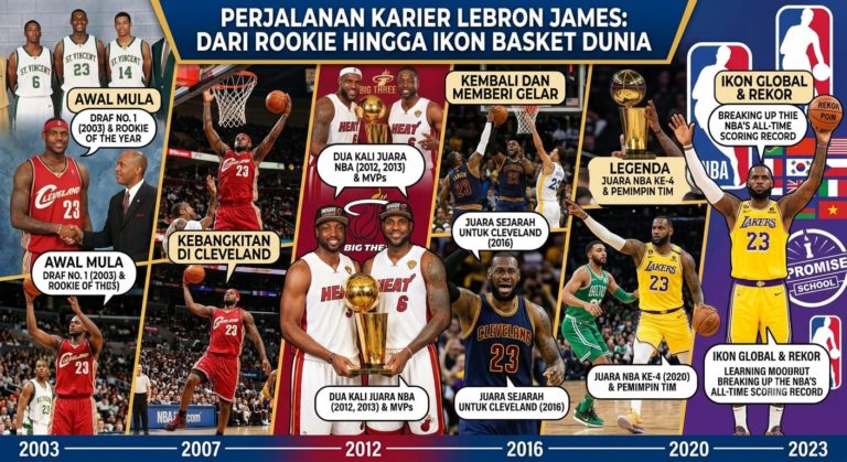 Perjalanan Karier LeBron James: Dari Rookie Hingga Ikon Basket Dunia buatkan saya gambar dengan judul tersebut