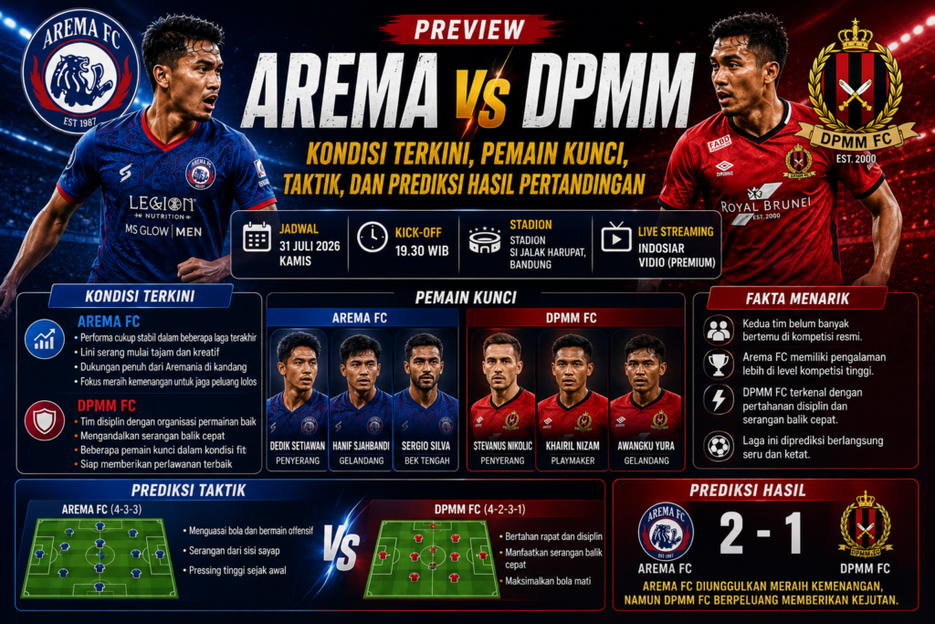 Preview Arema vs DPMM: Kondisi Terkini, Pemain Kunci, Taktik, dan Prediksi Hasil Pertandingan
