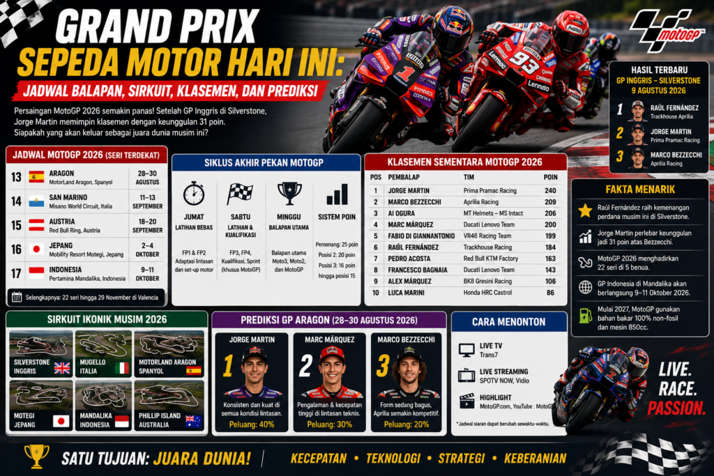 Grand Prix Sepeda Motor Hari Ini: Jadwal Balapan, Sirkuit, Klasemen, dan Prediksi