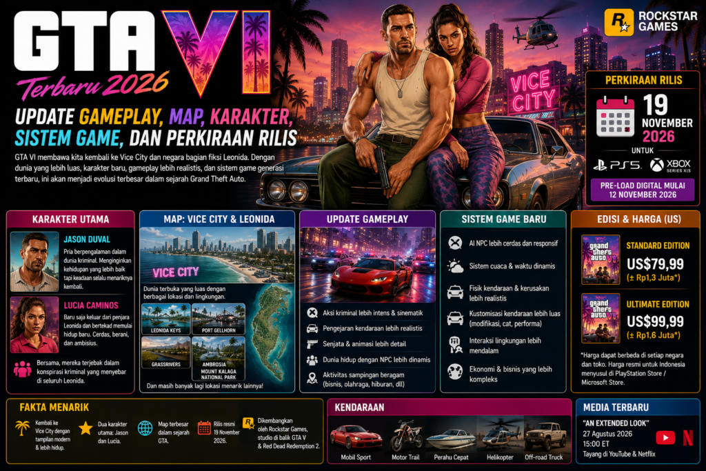 GTA VI Terbaru 2026: Update Gameplay, Map, Karakter, Sistem Game, dan Perkiraan Rilis