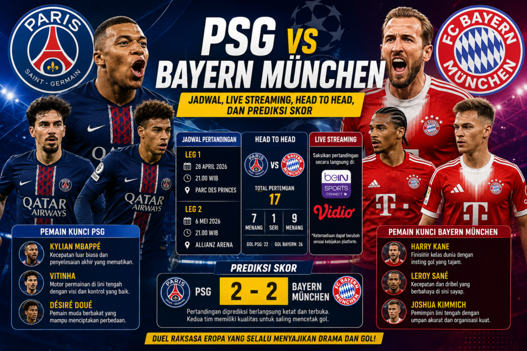 PSG vs Bayern München: Jadwal, Live Streaming, Head to Head, dan Prediksi Skor