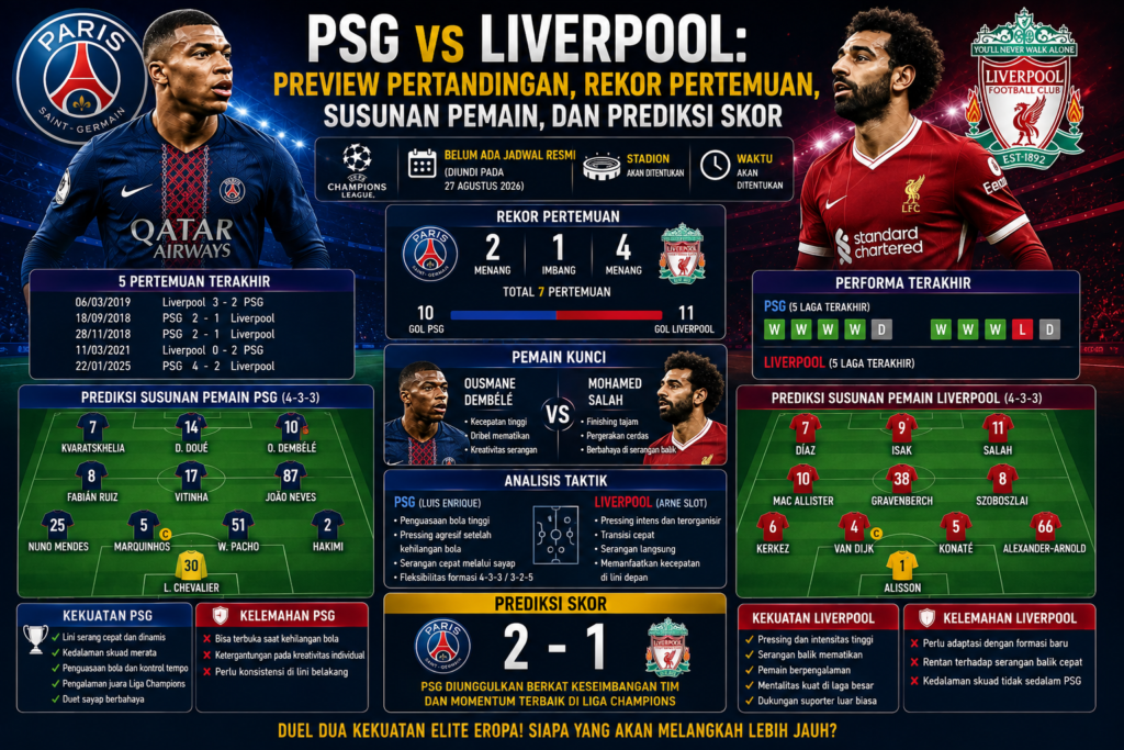 PSG vs Liverpool: Preview Pertandingan, Rekor Pertemuan, Susunan Pemain, dan Prediksi Skor