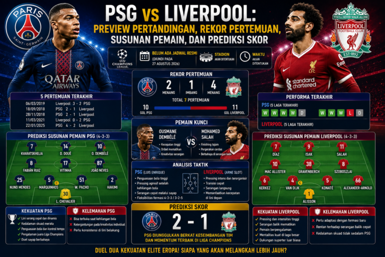 PSG vs Liverpool: Preview Pertandingan, Rekor Pertemuan, Susunan Pemain, dan Prediksi Skor