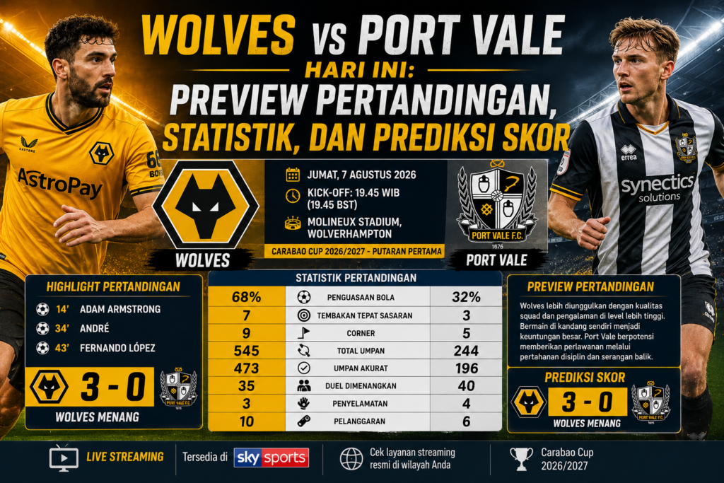 Wolves vs Port Vale Hari Ini: Preview Pertandingan, Statistik, dan Prediksi Skor