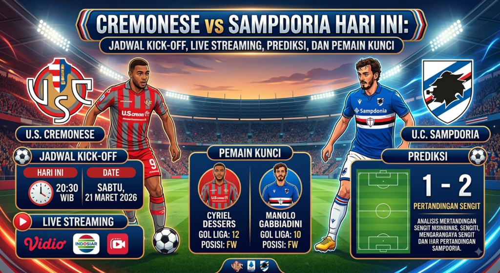 Cremonese vs Sampdoria Hari Ini: Jadwal Kick-off, Live Streaming, Prediksi, dan Pemain Kunci