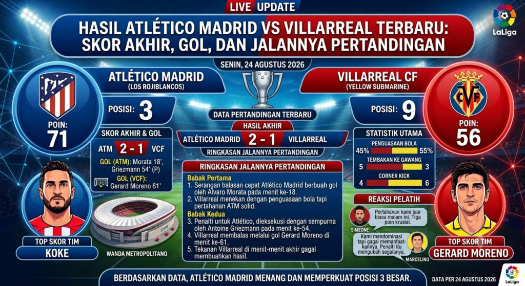 Hasil Atlético Madrid vs Villarreal Terbaru: Skor Akhir, Gol, dan Jalannya Pertandingan