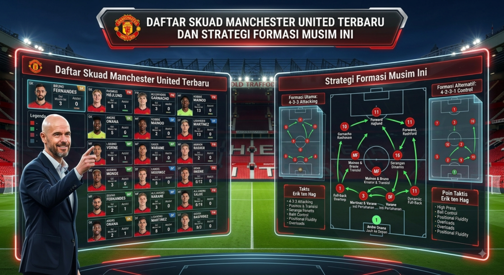 Manchester United memasuki era baru dengan perombakan skuad yang terstruktur dan pendekatan taktis yang makin kompetitif. Setelah melalui masa transisi dengan kedatangan deretan pemain bintang serta penyesuaian di lini kepelatihan, The Red Devils berambisi untuk kembali bersaing di papan atas Liga Inggris dan kompetisi domestik lainnya. Artikel ini menyajikan ulasan mendalam mengenai daftar skuad Manchester United terbaru secara lengkap per posisi, analisis kedalaman tim, serta bedah strategi dan formasi utama yang diterapkan musim ini.Daftar Skuad Manchester United TerbaruKomposisi skuad Manchester United memadukan pemain berpengalaman tingkat dunia, rekrutan anyar potensial, serta deretan talenta muda berbakat dari akademi Carrington. Berikut adalah rincian lengkap daftar pemain Manchester United berdasarkan posisinya. 1. Penjaga Gawang (Goalkeepers)Sektor penjaga gawang Manchester United mengalami persaingan yang cukup ketat dengan hadirnya kombinasi pemain senior dan kiper muda potensial.No. JerseyNama PemainKewarganegaraanUsia1Altay BayındırTurki2812Karl DarlowWales3522Tom HeatonInggris4031Senne LammensBelgia2445Dermot MeeIrlandia Utara232. Bek (Defenders)Lini pertahanan Manchester United diperkuat oleh kombinasi bek tengah tangguh dan bek sayap modern (wing-back) yang memiliki kemampuan bertahan serta membantu serangan secara seimbang.No. JerseyNama PemainPosisi UtamaKewarganegaraan2Diogo DalotBek Kanan / KiriPortugal3Noussair MazraouiBek Kanan / KiriMaroko4Matthijs de LigtBek TengahBelanda5Harry MaguireBek TengahInggris6Lisandro MartínezBek TengahArgentina13Patrick DorguBek Kiri / Wing-BackDenmark15Leny YoroBek TengahPrancis23Luke ShawBek KiriInggris26Ayden HeavenBek Tengah / KiriInggris41Harry AmassBek KiriInggris3. Gelandang (Midfielders) Lini tengah menjadi motor permainan Manchester United. Kombinasi visi bermain, kemampuan mengangkut bola, serta daya tarung tinggi hadir lewat figur senior dan bakat muda binaan klub.No. JerseyNama PemainPeran UtamaKewarganegaraan7Mason MountGelandang Serang / SayapInggris8Bruno FernandesGelandang Serang (Kapten)Portugal18Casemiro / Youri TielemansGelandang Bertahan / CentralBrasil / Belgia25Manuel UgarteGelandang BertahanUruguay37Kobbie MainooGelandang TengahInggris43Toby CollyerGelandang BertahanInggris44Daniel GoreGelandang TengahInggris4. Penyerang (Forwards)Sektor penyerangan The Red Devils diisi oleh jajaran juru gedor tajam dan pemain sayap eksplosif yang siap mengacak-acak pertahanan lawan.No. JerseyNama PemainPosisiKewarganegaraan10Matheus CunhaPenyerang Sayap / Second StrikerBrasil11Joshua ZirkzeePenyerang TengahBelanda16Amad DialloPenyerang Sayap KananPantai Gading19Bryan MbeumoPenyerang Sayap / StrikerKamerun30Benjamin ŠeškoPenyerang Tengah (Ujung Tombak)Slovenia32Chido Obi-MartinPenyerang TengahDenmarkAnalisis Kedalaman Skuad per LiniLini Belakang: Ketangguhan & RegenerasiSektor pertahanan menunjukkan struktur yang sangat kokoh. Pasangan bek tengah seperti Matthijs de Ligt dan Lisandro Martínez memberikan kombinasi fisik yang tangguh dan kemampuan build-up dari belakang. Kehadiran Leny Yoro memberikan opsi pemain muda dengan kecepatan luar biasa untuk mengantisipasi serangan balik. Di posisi bek sayap, fleksibilitas Diogo Dalot, Noussair Mazraoui, serta daya jelajah tinggi dari Patrick Dorgu membuat area flank Manchester United sangat hidup. Lini Tengah: Keseimbangan Kreativitas dan DefensifDi lini sentral, sang kapten Bruno Fernandes tetap menjadi kreator serangan utama dengan catatan chance creation tertinggi. Pengalaman Casemiro dan determinasi Manuel Ugarte memberikan rasa aman bagi lini pertahanan dalam memutus alur serangan lawan. Sementara itu, Kobbie Mainoo berkembang menjadi salah satu gelandang paling tenang dalam mengatasi tekanan (press-resistant) yang mampu mengalirkan bola secara efektif ke lini depan.Lini Depan: Ketajaman Baru dan Kecepatan FleksibelPenambahan amunisi seperti Benjamin Šeško, Matheus Cunha, dan Bryan Mbeumo memberi variasi serangan yang segar bagi tim. Šeško bertindak sebagai target man berpostur jangkung dengan insting gol tajam, sedangkan Matheus Cunha dan Bryan Mbeumo mampu bergerak bebas dari sisi sayap maupun ruang antar-lini (half-spaces) untuk menciptakan ancaman konstan. Bedah Strategi & Formasi Utama Manchester United Musim IniKeberhasilan Manchester United musim ini sangat dipengaruhi oleh fleksibilitas taktis yang diterapkan di lapangan. Tim dapat bertransformasi dengan cepat antara formasi berbasis tiga bek maupun empat bek sesuai dengan profil lawan yang dihadapinya. 1. Formasi Utama: 4-2-3-1 (Keseimbangan & Transisi Cepat)Formasi 4-2-3-1 menjadi skema paling fleksibel dan seimbang yang sering digunakan untuk mengontrol penguasaan bola sekaligus melakukan tekanan tinggi (high pressing). [ Šeško ] [ Cunha / Mbeumo ] [ B. Fernandes ] [ Amad / Mbeumo ] [ Mainoo ] [ Ugarte / Casemiro ] [ Dorgu / Shaw ] [ L. Martínez ] [ De Ligt ] [ Mazraoui / Dalot ] [ Bayındır / Lammens ] Cara Kerja Formasi 4-2-3-1:Build-Up dari Belakang: Dua bek tengah (De Ligt & Martínez) didampingi satu gelandang bertahan (Ugarte) membentuk segitiga saat mengawali penguasaan bola. Double Pivot Dinamis: Mainoo diberi kebebasan untuk naik membantu serangan (box-to-box), sementara Ugarte fokus menjaga kedalaman pertahanan (holding midfielder).Free Role Bruno Fernandes: Bruno beroperasi tepat di belakang Šeško, menyuplai umpan-umpan terobosan mematikan ke area penalti.Lebar Lapangan dari Penyerang Sayap: Mbeumo dan Cunha sering melakukan tusukan ke dalam (inverted winger), memberikan ruang bagi bek sayap untuk membantu serangan dari garis tepi.2. Formasi Alternatif: 3-4-2-1 / 3-4-3 (Eksploitasi Wing-Back)Ketika berhadapan dengan tim yang menerapkan garis pertahanan rendah (low block) atau saat membutuhkan stabilitas ekstra di lini belakang, sistem 3-4-2-1 menjadi pilihan taktis yang sangat ampuh. [ Šeško / Zirkzee ] [ Mbeumo ] [ M. Cunha ] [ Dorgu ] [ Mainoo ] [ B. Fernandes ] [ Dalot ] [ L. Martínez ] [ H. Maguire ] [ M. de Ligt ] [ Bayındır / Lammens ] Cara Kerja Formasi 3-4-2-1:Tiga Bek Tengah Khas: Maguire bertindak sebagai stoper tengah yang dominan dalam bola udara, diapit oleh Martínez dan De Ligt yang sigap menutup ruang kosong. Peran Kunci Wing-Back: Dorgu di kiri dan Dalot di kanan bertindak sebagai wing-back murni. Mereka memberikan lebar permainan penuh saat menyerang dan dengan cepat kembali membentuk barisan lima bek saat bertahan (5-4-1). Dua Dual-10s Kreatif: Mbeumo dan Cunha bermain lebih dekat ke area tengah di belakang penyerang tunggal, menciptakan situasi keunggulan jumlah pemain (overload) di area half-space.Prinsip Taktis & Gaya Bermain Musim Ini1. High Pressing dan GegenpressingManchester United menerapkan intrik tekanan ketat sejak di daerah pertahanan lawan. Ketika kehilangan bola di sepertiga akhir lapangan, para penyerang seperti Šeško, Mbeumo, dan Cunha langsung melakukan pressing intensif dalam kurun waktu 5 detik pertama untuk merebut kembali penguasaan bola.2. Transisi Vertikal yang CepatSalah satu identitas utama Manchester United adalah serangan balik kilat. Begitu bola berhasil direbut di pertahanan sendiri, gelandang seperti Mainoo atau Bruno Fernandes akan langsung mengirimkan umpan vertikal cepat memanfaatkan kecepatan penyerang di lini depan. 3. Rotasi Posisi Fleksibel (Positional Play)Para pemain depan diberi kebebasan berinteraksi dan bertukar posisi. Matheus Cunha sering turun ke bawah untuk menjemput bola, sementara Bruno Fernandes atau Bryan Mbeumo mengisi ruang kosong yang ditinggalkan di dalam kotak penalti lawan.Kunci Kesuksesan Manchester United Musim IniUntuk dapat bersaing merebut trofi juara dan mengamankan posisi di zona Liga Champions, ada beberapa faktor kunci yang wajib dijaga oleh skuad Manchester United:Konsistensi Lini Depan: Efektivitas konversi peluang menjadi gol dari Benjamin Šeško dan Bryan Mbeumo menjadi faktor krusial dalam menentukan hasil laga-laga besar.Kebugaran Pemain Kunci: Menjaga pilar pertahanan seperti Lisandro Martínez dan Matthijs de Ligt tetap bebas cedera sepanjang musim sangat penting untuk menjaga rekor kebobolan yang rendah.Kedalaman Bangku Cadangan: Peran pemain pelapis seperti Joshua Zirkzee, Mason Mount, Amad Diallo, dan talenta akademi akan sangat menentukan ketika jadwal pertandingan mulai padat.KesimpulanDengan perpaduan skuad yang makin solid, kombinasi pemain berpengalaman dan darah muda, serta penerapan variasi formasi yang adaptif (4-2-3-1 dan 3-4-2-1), Manchester United memiliki fondasi taktis yang kuat untuk bersaing di level tertinggi. Dukungan materi pemain yang merata di setiap lini memberi banyak opsi strategis bagi tim untuk menghadapi berbagai tipikal lawan di kompetisi musim ini.