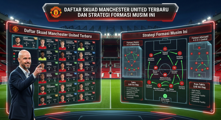 Manchester United memasuki era baru dengan perombakan skuad yang terstruktur dan pendekatan taktis yang makin kompetitif. Setelah melalui masa transisi dengan kedatangan deretan pemain bintang serta penyesuaian di lini kepelatihan, The Red Devils berambisi untuk kembali bersaing di papan atas Liga Inggris dan kompetisi domestik lainnya. Artikel ini menyajikan ulasan mendalam mengenai daftar skuad Manchester United terbaru secara lengkap per posisi, analisis kedalaman tim, serta bedah strategi dan formasi utama yang diterapkan musim ini.Daftar Skuad Manchester United TerbaruKomposisi skuad Manchester United memadukan pemain berpengalaman tingkat dunia, rekrutan anyar potensial, serta deretan talenta muda berbakat dari akademi Carrington. Berikut adalah rincian lengkap daftar pemain Manchester United berdasarkan posisinya. 1. Penjaga Gawang (Goalkeepers)Sektor penjaga gawang Manchester United mengalami persaingan yang cukup ketat dengan hadirnya kombinasi pemain senior dan kiper muda potensial.No. JerseyNama PemainKewarganegaraanUsia1Altay BayındırTurki2812Karl DarlowWales3522Tom HeatonInggris4031Senne LammensBelgia2445Dermot MeeIrlandia Utara232. Bek (Defenders)Lini pertahanan Manchester United diperkuat oleh kombinasi bek tengah tangguh dan bek sayap modern (wing-back) yang memiliki kemampuan bertahan serta membantu serangan secara seimbang.No. JerseyNama PemainPosisi UtamaKewarganegaraan2Diogo DalotBek Kanan / KiriPortugal3Noussair MazraouiBek Kanan / KiriMaroko4Matthijs de LigtBek TengahBelanda5Harry MaguireBek TengahInggris6Lisandro MartínezBek TengahArgentina13Patrick DorguBek Kiri / Wing-BackDenmark15Leny YoroBek TengahPrancis23Luke ShawBek KiriInggris26Ayden HeavenBek Tengah / KiriInggris41Harry AmassBek KiriInggris3. Gelandang (Midfielders) Lini tengah menjadi motor permainan Manchester United. Kombinasi visi bermain, kemampuan mengangkut bola, serta daya tarung tinggi hadir lewat figur senior dan bakat muda binaan klub.No. JerseyNama PemainPeran UtamaKewarganegaraan7Mason MountGelandang Serang / SayapInggris8Bruno FernandesGelandang Serang (Kapten)Portugal18Casemiro / Youri TielemansGelandang Bertahan / CentralBrasil / Belgia25Manuel UgarteGelandang BertahanUruguay37Kobbie MainooGelandang TengahInggris43Toby CollyerGelandang BertahanInggris44Daniel GoreGelandang TengahInggris4. Penyerang (Forwards)Sektor penyerangan The Red Devils diisi oleh jajaran juru gedor tajam dan pemain sayap eksplosif yang siap mengacak-acak pertahanan lawan.No. JerseyNama PemainPosisiKewarganegaraan10Matheus CunhaPenyerang Sayap / Second StrikerBrasil11Joshua ZirkzeePenyerang TengahBelanda16Amad DialloPenyerang Sayap KananPantai Gading19Bryan MbeumoPenyerang Sayap / StrikerKamerun30Benjamin ŠeškoPenyerang Tengah (Ujung Tombak)Slovenia32Chido Obi-MartinPenyerang TengahDenmarkAnalisis Kedalaman Skuad per LiniLini Belakang: Ketangguhan & RegenerasiSektor pertahanan menunjukkan struktur yang sangat kokoh. Pasangan bek tengah seperti Matthijs de Ligt dan Lisandro Martínez memberikan kombinasi fisik yang tangguh dan kemampuan build-up dari belakang. Kehadiran Leny Yoro memberikan opsi pemain muda dengan kecepatan luar biasa untuk mengantisipasi serangan balik. Di posisi bek sayap, fleksibilitas Diogo Dalot, Noussair Mazraoui, serta daya jelajah tinggi dari Patrick Dorgu membuat area flank Manchester United sangat hidup. Lini Tengah: Keseimbangan Kreativitas dan DefensifDi lini sentral, sang kapten Bruno Fernandes tetap menjadi kreator serangan utama dengan catatan chance creation tertinggi. Pengalaman Casemiro dan determinasi Manuel Ugarte memberikan rasa aman bagi lini pertahanan dalam memutus alur serangan lawan. Sementara itu, Kobbie Mainoo berkembang menjadi salah satu gelandang paling tenang dalam mengatasi tekanan (press-resistant) yang mampu mengalirkan bola secara efektif ke lini depan.Lini Depan: Ketajaman Baru dan Kecepatan FleksibelPenambahan amunisi seperti Benjamin Šeško, Matheus Cunha, dan Bryan Mbeumo memberi variasi serangan yang segar bagi tim. Šeško bertindak sebagai target man berpostur jangkung dengan insting gol tajam, sedangkan Matheus Cunha dan Bryan Mbeumo mampu bergerak bebas dari sisi sayap maupun ruang antar-lini (half-spaces) untuk menciptakan ancaman konstan. Bedah Strategi & Formasi Utama Manchester United Musim IniKeberhasilan Manchester United musim ini sangat dipengaruhi oleh fleksibilitas taktis yang diterapkan di lapangan. Tim dapat bertransformasi dengan cepat antara formasi berbasis tiga bek maupun empat bek sesuai dengan profil lawan yang dihadapinya. 1. Formasi Utama: 4-2-3-1 (Keseimbangan & Transisi Cepat)Formasi 4-2-3-1 menjadi skema paling fleksibel dan seimbang yang sering digunakan untuk mengontrol penguasaan bola sekaligus melakukan tekanan tinggi (high pressing). [ Šeško ] [ Cunha / Mbeumo ] [ B. Fernandes ] [ Amad / Mbeumo ] [ Mainoo ] [ Ugarte / Casemiro ] [ Dorgu / Shaw ] [ L. Martínez ] [ De Ligt ] [ Mazraoui / Dalot ] [ Bayındır / Lammens ] Cara Kerja Formasi 4-2-3-1:Build-Up dari Belakang: Dua bek tengah (De Ligt & Martínez) didampingi satu gelandang bertahan (Ugarte) membentuk segitiga saat mengawali penguasaan bola. Double Pivot Dinamis: Mainoo diberi kebebasan untuk naik membantu serangan (box-to-box), sementara Ugarte fokus menjaga kedalaman pertahanan (holding midfielder).Free Role Bruno Fernandes: Bruno beroperasi tepat di belakang Šeško, menyuplai umpan-umpan terobosan mematikan ke area penalti.Lebar Lapangan dari Penyerang Sayap: Mbeumo dan Cunha sering melakukan tusukan ke dalam (inverted winger), memberikan ruang bagi bek sayap untuk membantu serangan dari garis tepi.2. Formasi Alternatif: 3-4-2-1 / 3-4-3 (Eksploitasi Wing-Back)Ketika berhadapan dengan tim yang menerapkan garis pertahanan rendah (low block) atau saat membutuhkan stabilitas ekstra di lini belakang, sistem 3-4-2-1 menjadi pilihan taktis yang sangat ampuh. [ Šeško / Zirkzee ] [ Mbeumo ] [ M. Cunha ] [ Dorgu ] [ Mainoo ] [ B. Fernandes ] [ Dalot ] [ L. Martínez ] [ H. Maguire ] [ M. de Ligt ] [ Bayındır / Lammens ] Cara Kerja Formasi 3-4-2-1:Tiga Bek Tengah Khas: Maguire bertindak sebagai stoper tengah yang dominan dalam bola udara, diapit oleh Martínez dan De Ligt yang sigap menutup ruang kosong. Peran Kunci Wing-Back: Dorgu di kiri dan Dalot di kanan bertindak sebagai wing-back murni. Mereka memberikan lebar permainan penuh saat menyerang dan dengan cepat kembali membentuk barisan lima bek saat bertahan (5-4-1). Dua Dual-10s Kreatif: Mbeumo dan Cunha bermain lebih dekat ke area tengah di belakang penyerang tunggal, menciptakan situasi keunggulan jumlah pemain (overload) di area half-space.Prinsip Taktis & Gaya Bermain Musim Ini1. High Pressing dan GegenpressingManchester United menerapkan intrik tekanan ketat sejak di daerah pertahanan lawan. Ketika kehilangan bola di sepertiga akhir lapangan, para penyerang seperti Šeško, Mbeumo, dan Cunha langsung melakukan pressing intensif dalam kurun waktu 5 detik pertama untuk merebut kembali penguasaan bola.2. Transisi Vertikal yang CepatSalah satu identitas utama Manchester United adalah serangan balik kilat. Begitu bola berhasil direbut di pertahanan sendiri, gelandang seperti Mainoo atau Bruno Fernandes akan langsung mengirimkan umpan vertikal cepat memanfaatkan kecepatan penyerang di lini depan. 3. Rotasi Posisi Fleksibel (Positional Play)Para pemain depan diberi kebebasan berinteraksi dan bertukar posisi. Matheus Cunha sering turun ke bawah untuk menjemput bola, sementara Bruno Fernandes atau Bryan Mbeumo mengisi ruang kosong yang ditinggalkan di dalam kotak penalti lawan.Kunci Kesuksesan Manchester United Musim IniUntuk dapat bersaing merebut trofi juara dan mengamankan posisi di zona Liga Champions, ada beberapa faktor kunci yang wajib dijaga oleh skuad Manchester United:Konsistensi Lini Depan: Efektivitas konversi peluang menjadi gol dari Benjamin Šeško dan Bryan Mbeumo menjadi faktor krusial dalam menentukan hasil laga-laga besar.Kebugaran Pemain Kunci: Menjaga pilar pertahanan seperti Lisandro Martínez dan Matthijs de Ligt tetap bebas cedera sepanjang musim sangat penting untuk menjaga rekor kebobolan yang rendah.Kedalaman Bangku Cadangan: Peran pemain pelapis seperti Joshua Zirkzee, Mason Mount, Amad Diallo, dan talenta akademi akan sangat menentukan ketika jadwal pertandingan mulai padat.KesimpulanDengan perpaduan skuad yang makin solid, kombinasi pemain berpengalaman dan darah muda, serta penerapan variasi formasi yang adaptif (4-2-3-1 dan 3-4-2-1), Manchester United memiliki fondasi taktis yang kuat untuk bersaing di level tertinggi. Dukungan materi pemain yang merata di setiap lini memberi banyak opsi strategis bagi tim untuk menghadapi berbagai tipikal lawan di kompetisi musim ini.
