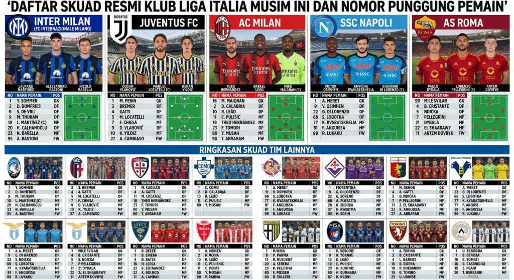 Daftar Skuad Resmi Klub Liga Italia Musim Ini dan Nomor Punggung Pemain